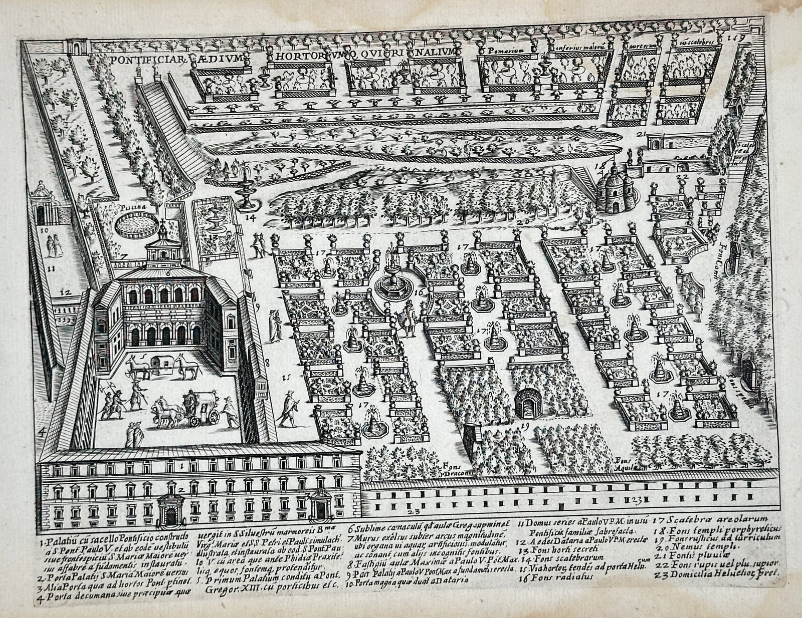 Giacomo Lauro (1550–1630) – Palace and Gardens of the Quirinal Hill in Rome: This copper engraving provides an aerial topographical view of the Palace and Gardens on the Quirinal Hill in Rome. The illustration details the rigorous symmetry and geometric design of the formal ga