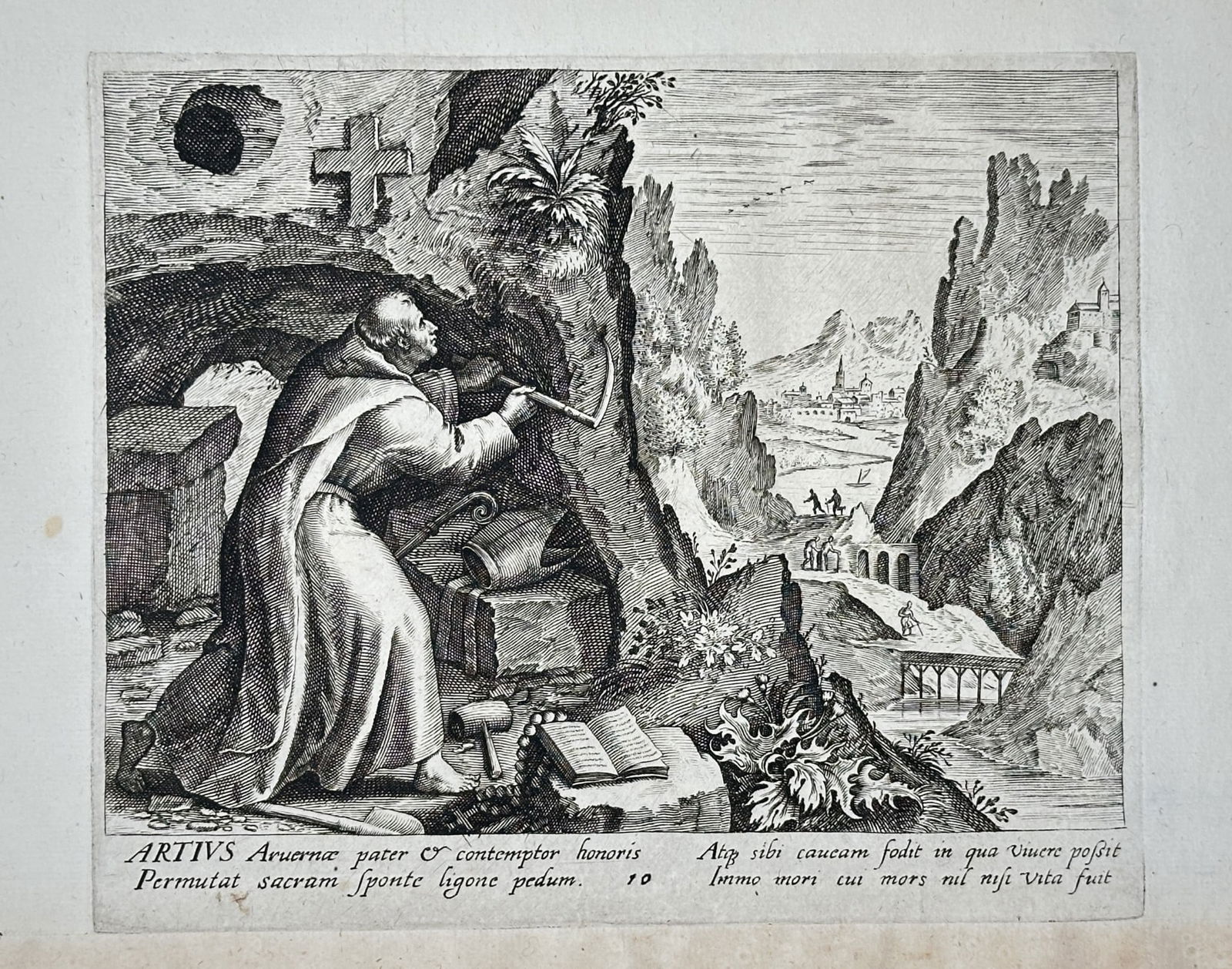 Maerten de Vos (1532–1603) – Saint Artus in the Wilderness – Copper engraving: This copper engraving depicts the Christian hermit Saint Artus kneeling in devotion outside a cave in a rugged, mountainous wilderness. The robed figure is engaged in writing or drawing on the rock fa