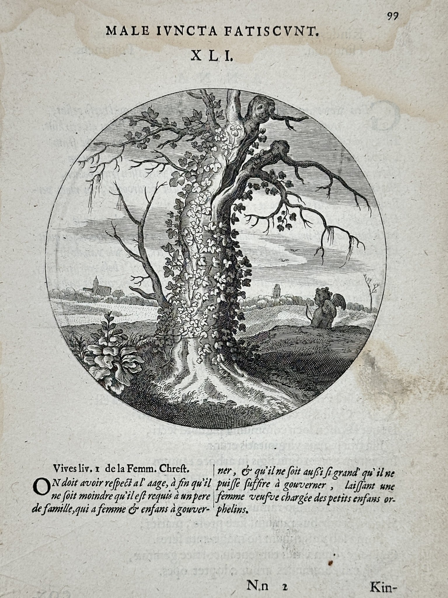 Jacob Cats (1577–1660) – Emblematic Illustration: Ill-Joined Things Fail: This copper engraving is an emblematic illustration, presented within a circular frame, featuring a large tree with contrasting parts: one side is heavily entwined with living ivy, while the other sid