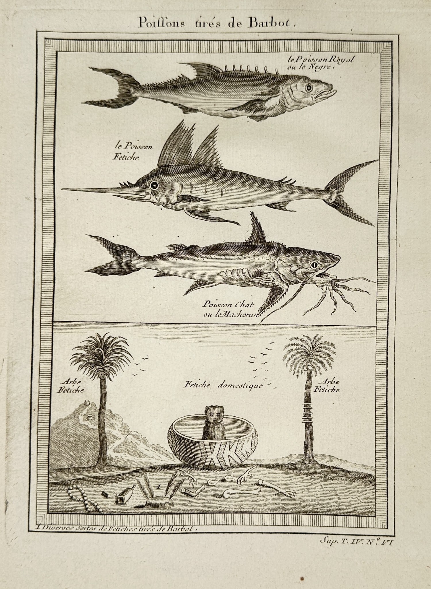 Pierre Quentin Chedel (1705–1762) - Sawfish, Swordfish, and Tropical Scene -: This copperplate engraving is a composite scientific plate featuring both zoological and ethnographic elements. The upper section illustrates three marine fish, including a sawfish and a swordfish, de