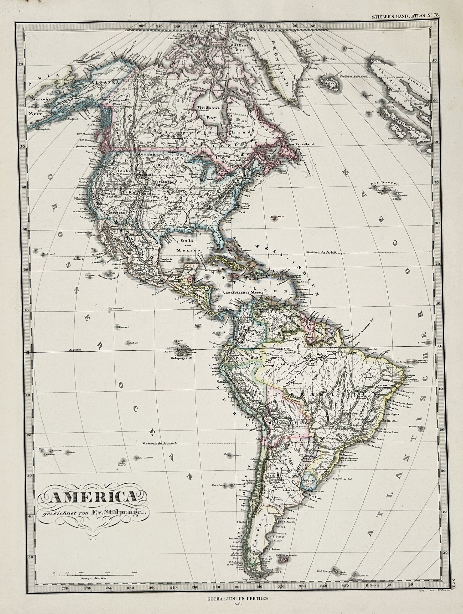 Adolf Stieler (1775–1836) - Map of the Americas - Hand-colored Engraving: This hand-colored engraving is a large folio map detailing the continents of North and South America. The map shows the continents extending from the Arctic to Cape Horn, complete with political bound