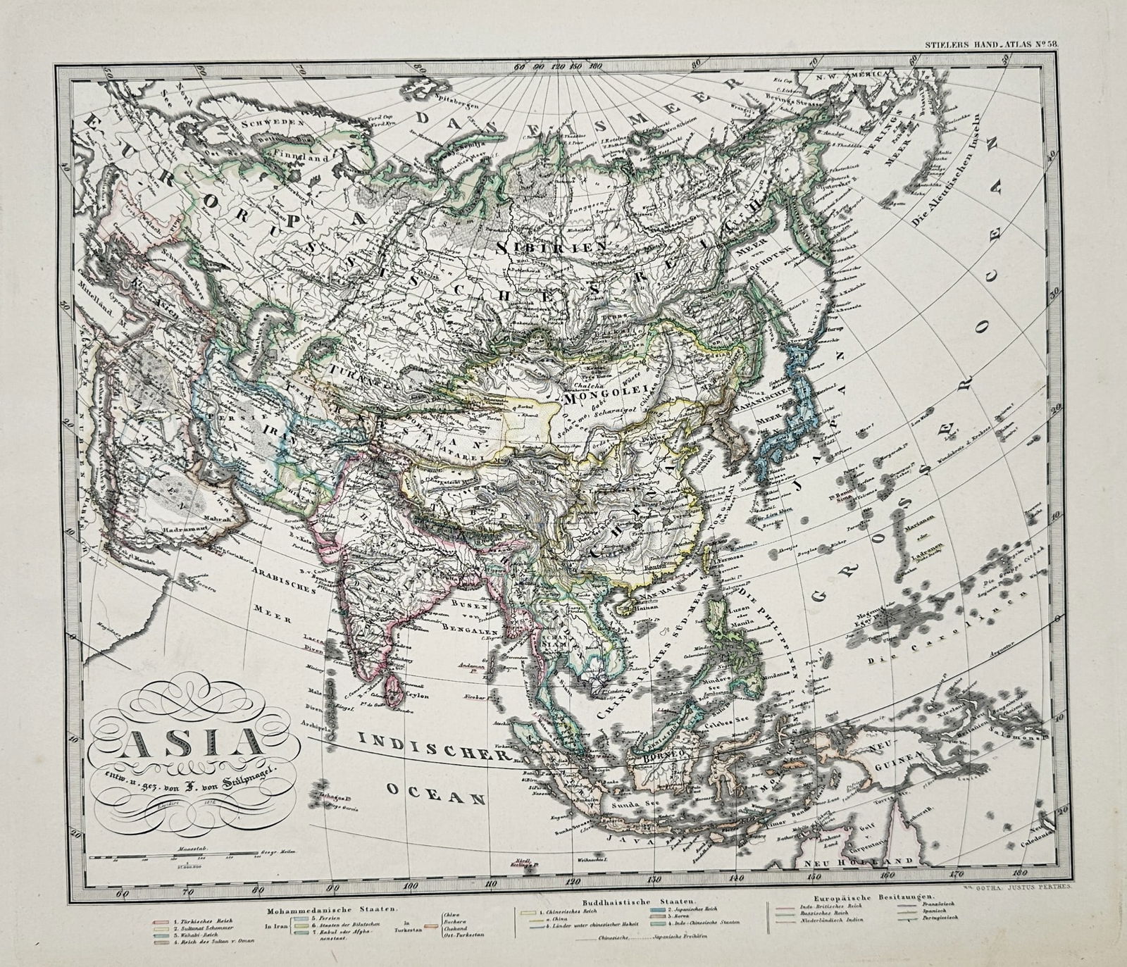 Adolf Stieler (1775–1836) - Map of Asia - Hand-colored Engraving (1 of 2)