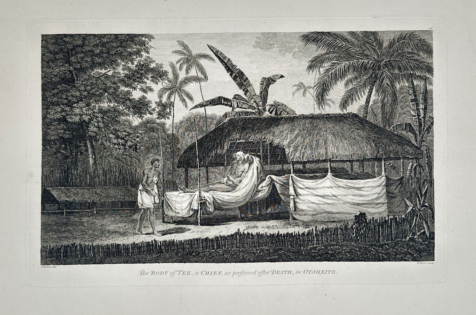 John Webber (1751–1793) - The Body of Tee, a Chief, in Otaheite - Copperplate: This copperplate engraving is a large ethnographic plate depicting a funerary ritual inside a thatched hut in Otaheite. The scene shows the body of the chief, Tee, lying in state with protective cloth