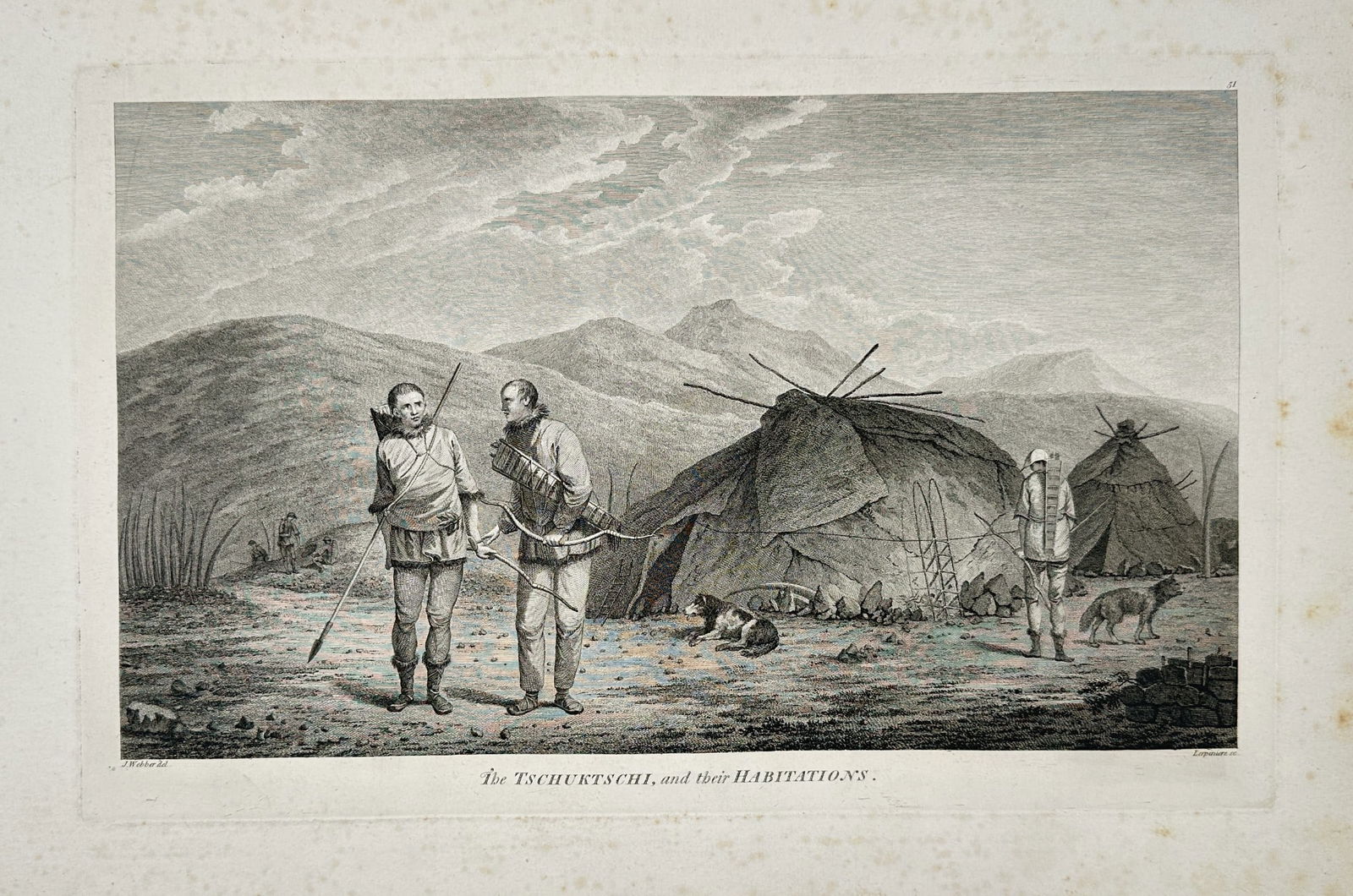 John Webber (1751–1793) - The Tchuktchi People and their Habitations - Copperpla: This copperplate engraving is a large ethnographic plate depicting two figures of the Tchuktchi people in their distinctive cold-weather garments, standing before their temporary tent dwellings. The s