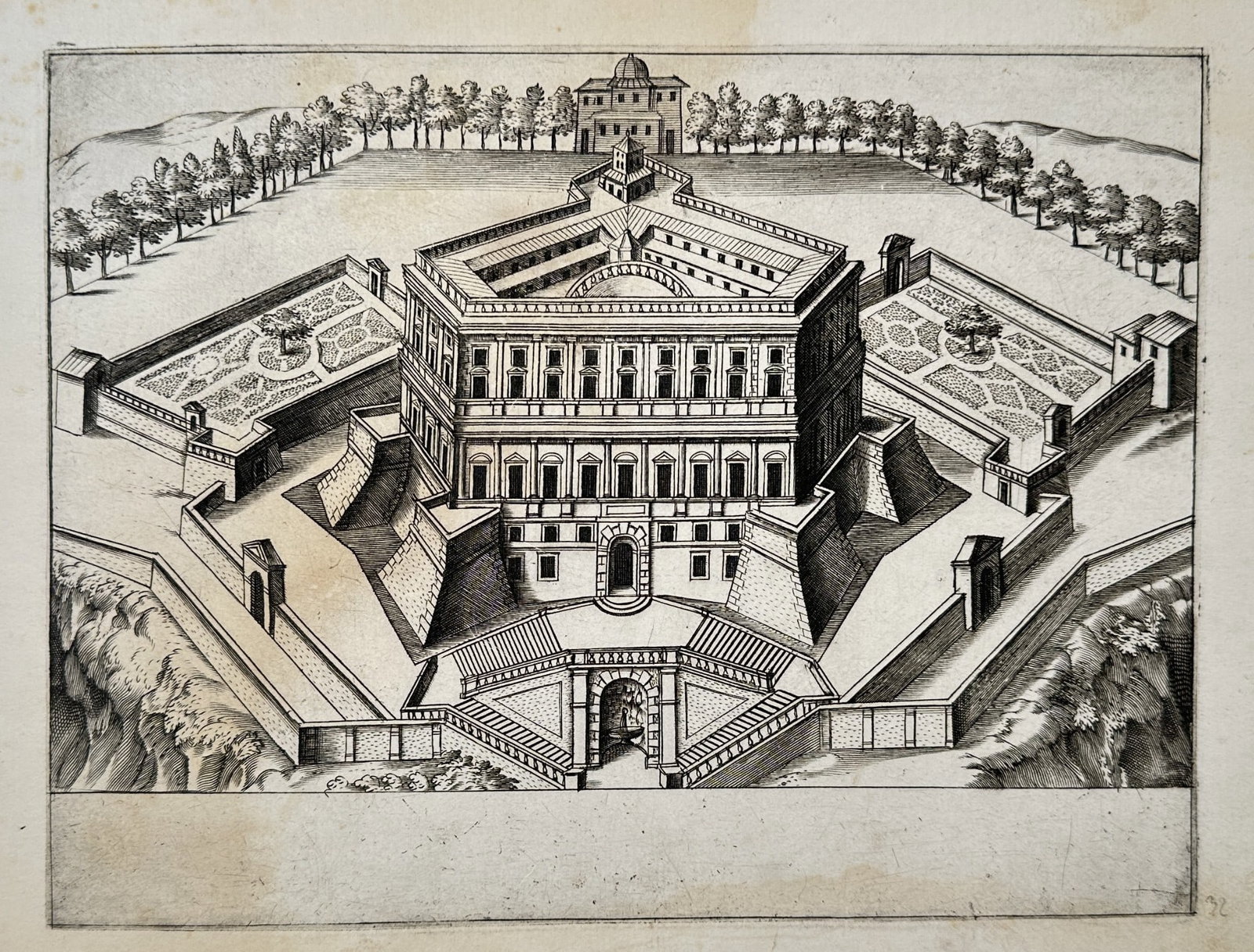 Giacomo Lauro (1550–1630) - View of a Star-Shaped Villa (Villa Farnese): This copperplate engraving is a detailed perspective map depicting a star-shaped Renaissance villa. The plan shows the central palazzo surrounded by geometric outer defenses and formal terraced garden