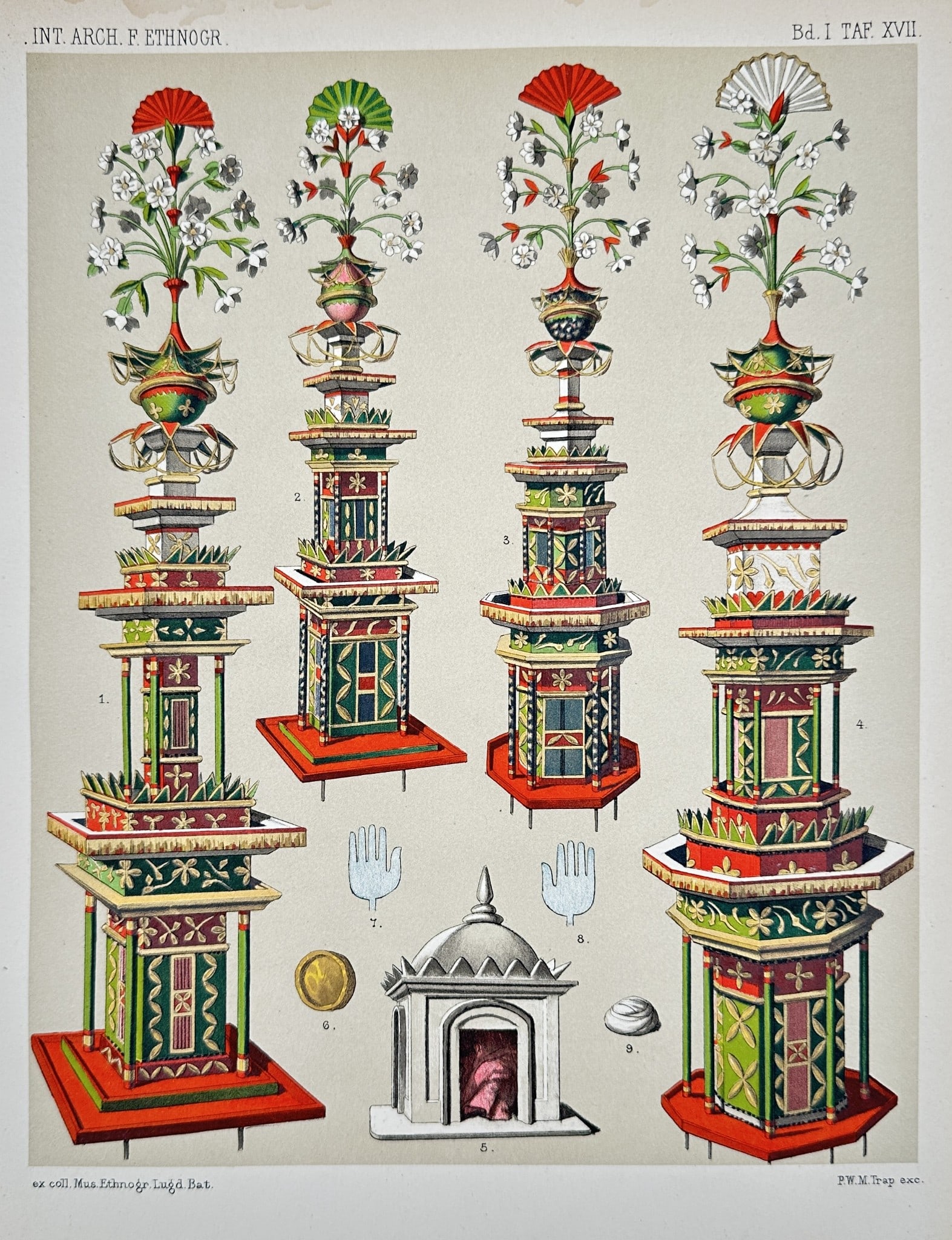 Pieter Willem Marinus Trap (1852–1905) - Tiered Ceremonial Architectural Structu: This color lithograph is a detailed ethnographic illustration depicting four elaborate, stylized, multi-tiered ceremonial structures. The structures are brightly decorated with geometric patterns in r
