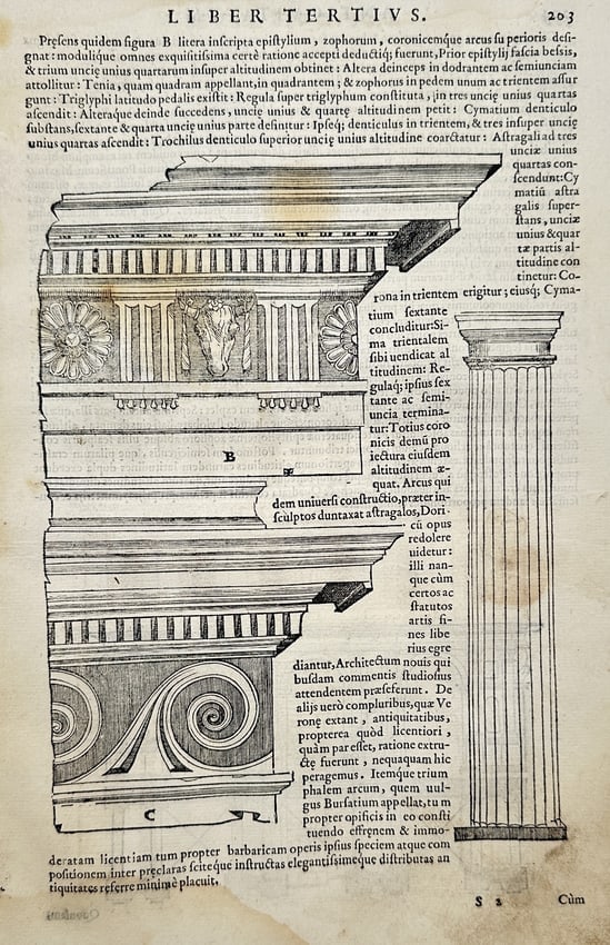 Sebastiano Serlio (1475–1554) – Architectural Cornices and Column – Woodcut (1 of 2)