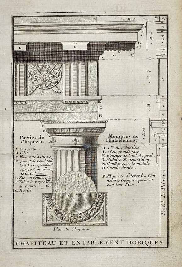 Giacomo Barozzi da Vignola, after – Doric Capital and Entablature – Copper engra: This copper engraving illustrates the components of the Doric order, detailing the capital and entablature, from a French edition of Vignola's influential treatise. Giacomo Barozzi da Vignola was an I