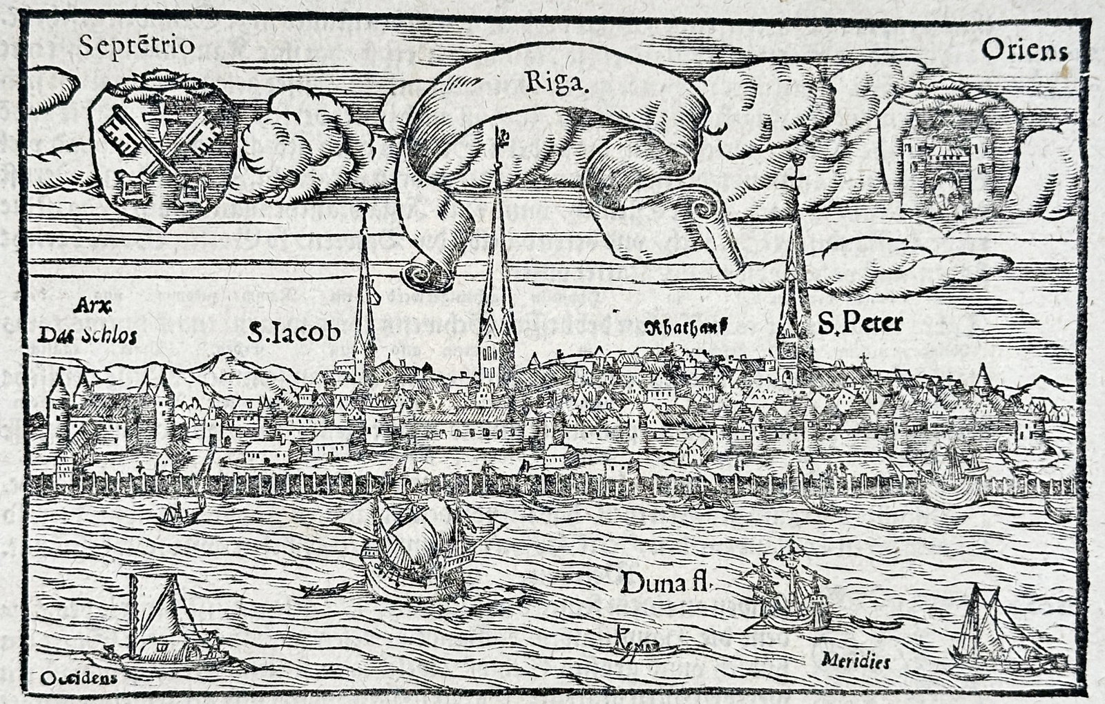 Sebastian Münster (1488–1552) – Bird’s-Eye View of the City of Basle – Woodcut: This woodcut is a detailed historical, bird’s-eye view of the city of Basle (Basel), Switzerland, situated on the Rhine River. The illustration details the city’s extensive walls, the numerous spi