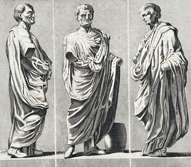 Jan Goeree (1670–1731) – Roman Clothing: Toga and Tunica – Copperplate engraving: This copperplate engraving illustrates the distinct styles of Roman dress, specifically identifying the Toga and Tunica, as demonstrated by three standing figures draped in heavy folds of fabric. The