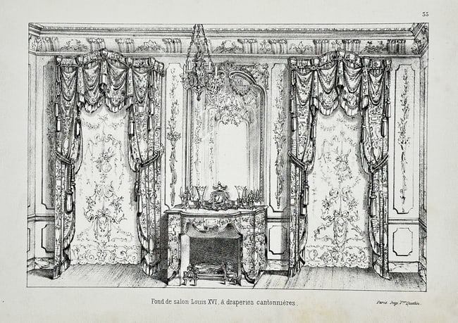 Victor Quetin (19th Century) – Louis XVI Salon Background with Cantoniere Draper: This lithograph illustrates the design for the background wall of a Louis XVI-style drawing room, featuring an ornate fireplace and mirror flanked by two windows dressed with elaborate cantoniere drap