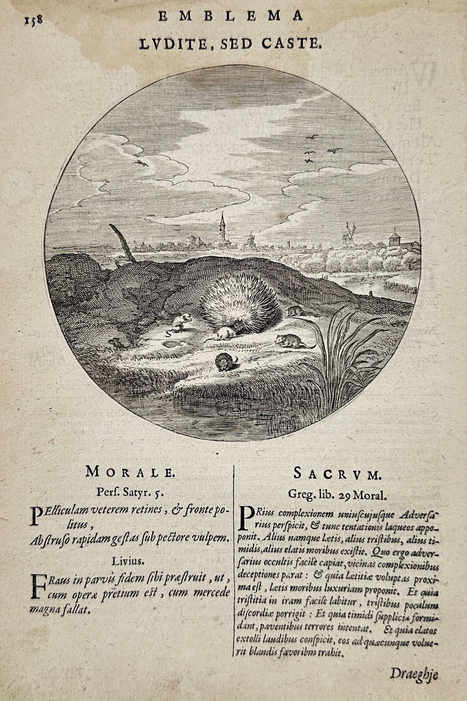 Jacob Cats (1577–1660) – Ludite, Sed Caste (Play, But Chaste) – Copperplate engraving: This circular emblem illustrates a moral lesson through the image of a hedgehog surrounded by mice in a rural landscape. The engraving depicts a large hedgehog at the center of the composition, with s