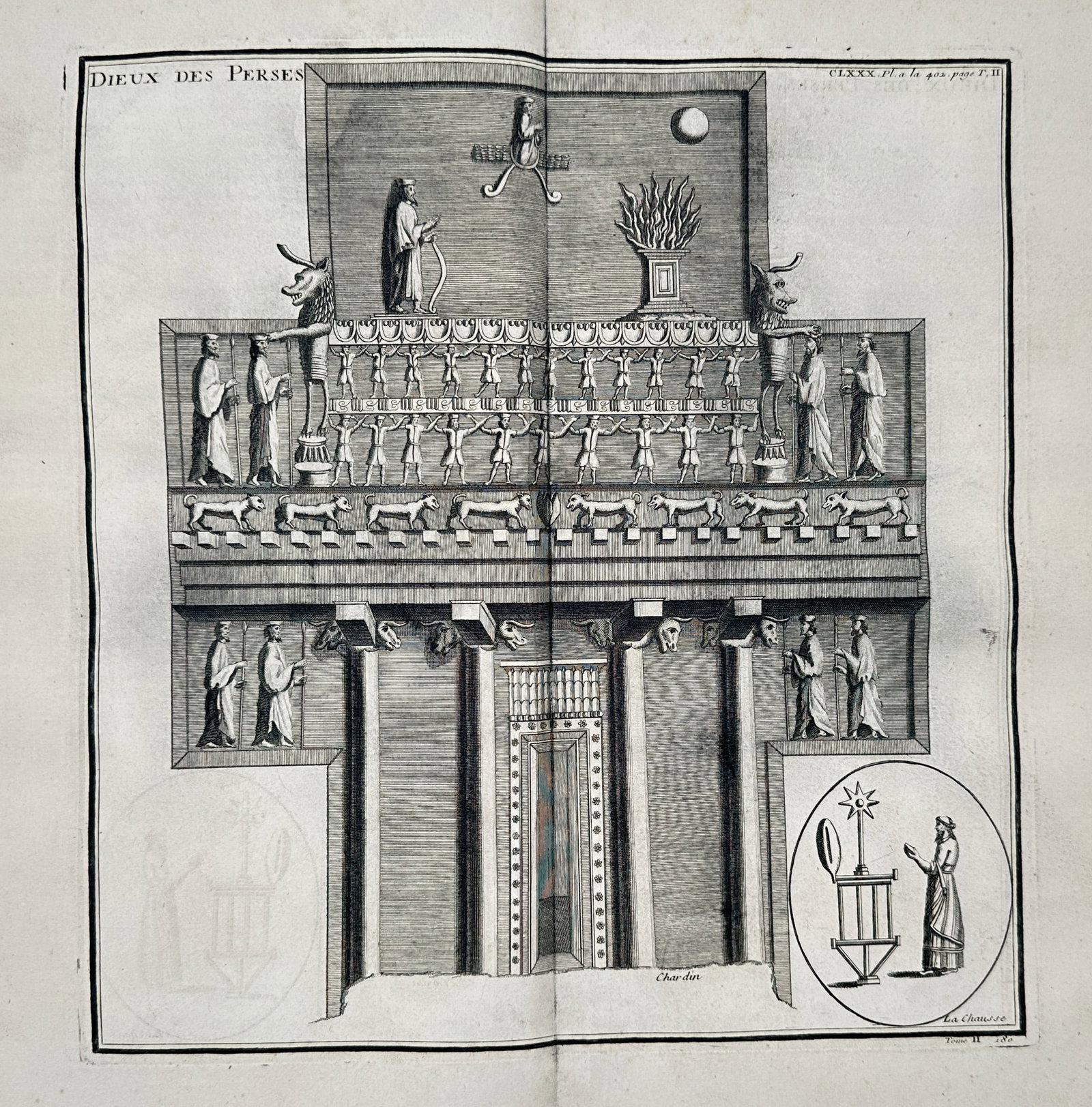 Bernard de Montfaucon (1655–1741) – Persian Deities (Dieux des Perses) – Copperplate: This scholarly engraving provides a detailed visual analysis of ancient Persian religious iconography and architecture. The central image depicts a massive, multi-tiered structure, possibly a fire tem