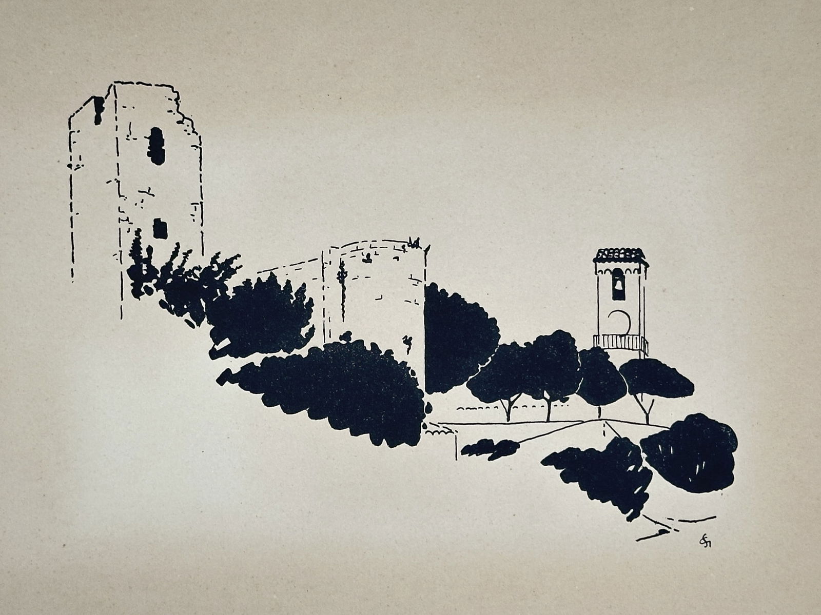 Sydney Lee (1866–1949) – Italian Hill Town – Woodcut (20th Century) (1 of 2)