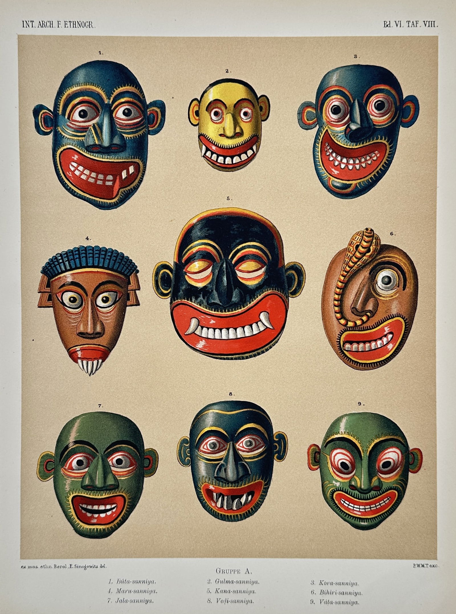 Pieter Willem Marinus Trap (1821–1905) – Ethnographic Study of Ceremonial Masks: This ethnographic plate presents nine distinct ceremonial masks from Ceylon (modern-day Sri Lanka), systematically arranged and numbered. The collection includes a variety of traditional Sanni and Kol