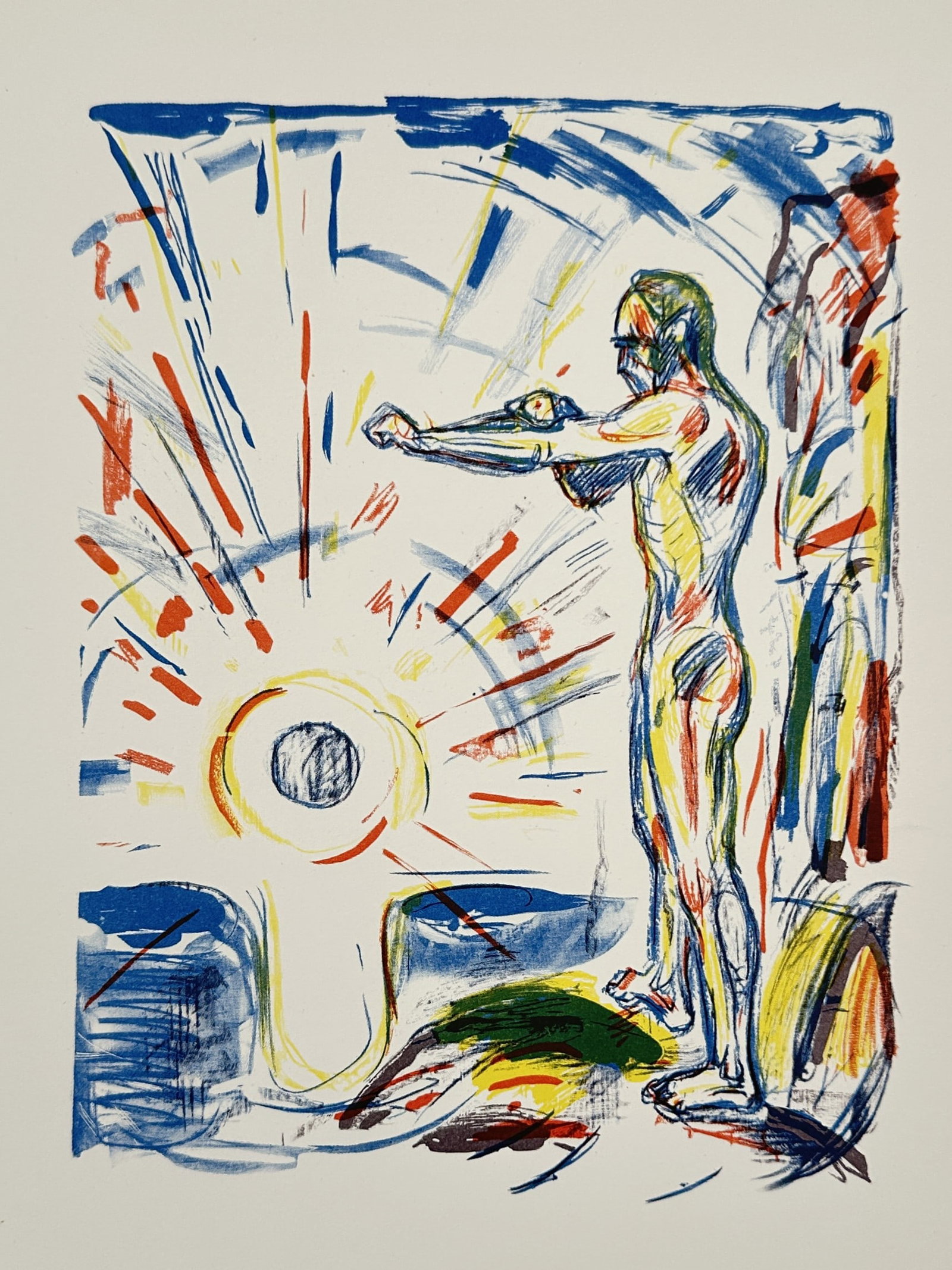 Edvard Munch (1863–1944) – Man Towards the Sun (Mennesket mot Solen) – Color: This vibrant color lithograph depicts a lone, nude male figure standing upon a rocky promontory, his arms outstretched towards a massive, radiating sunburst. The composition is a variation of the cent