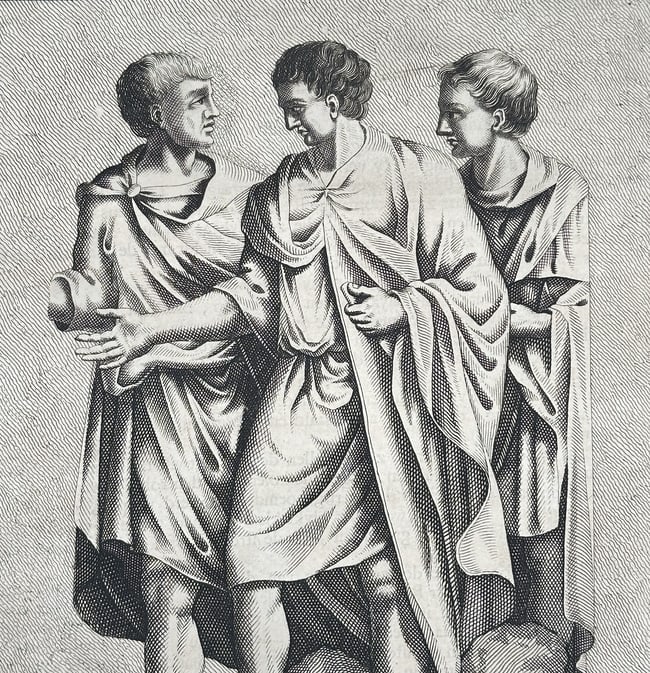 Jan Goeree (1670–1731) – Three Figures in Roman Togas – Copperplate engraving (1705) (1 of 3)