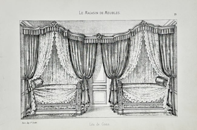Victor Quetin (19th Century) – Draped Daybeds in an Alcove Setting – Lithograph (1850): This lithograph, sourced from Le Magasin de Meubles, displays an interior design featuring a pair of Draped Daybeds (Lits de Repos). The beds are placed symmetrically beneath a shared, ornate draped c