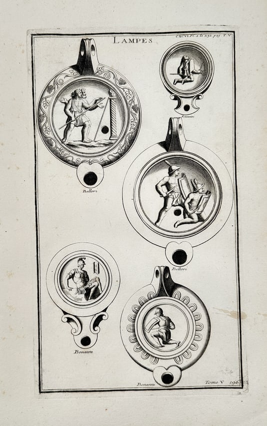 Bernard de Montfaucon – Ancient Lamps from Antiquity Explained – Copperplate engraving (1 of 2)