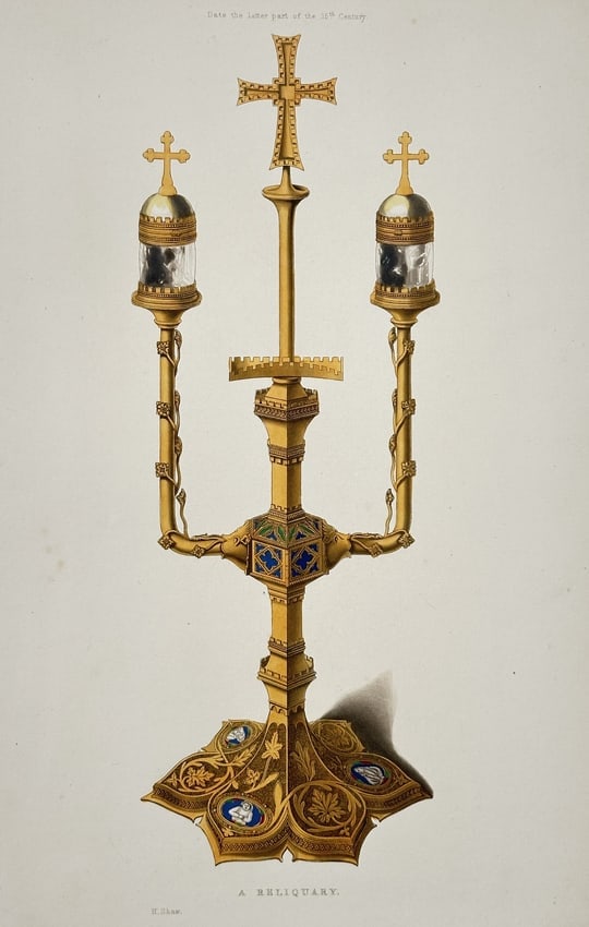 Henry Shaw (1800–1873) – A Reliquary – Hand-colored engraving: This hand-colored engraving depicts a highly ornate reliquary, a container used to hold and display religious relics, designed in the style of the late 15th century and featuring complex gold work, en