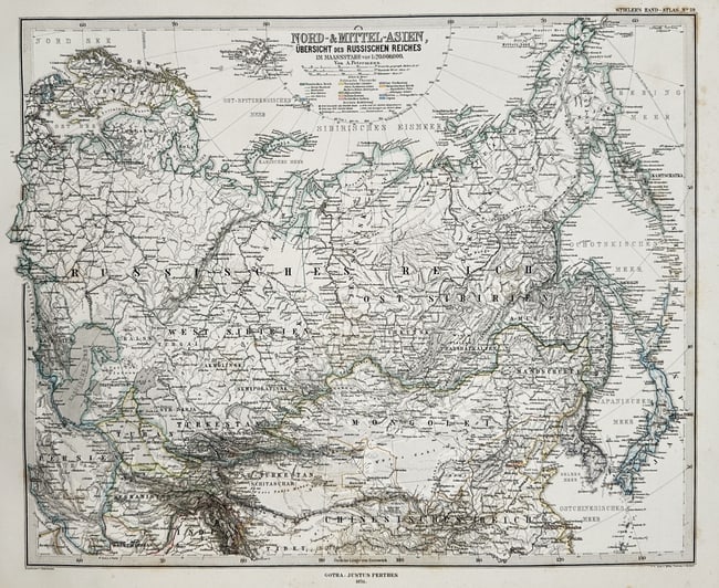 Adolf Stieler – Map of North and Central Asia (Siberia and Turkestan): This detailed geographical map depicts the expansive regions of North and Central Asia, covering Siberia, Russian Turkestan, and Mongolia, with detailed geographical and political information. The map
