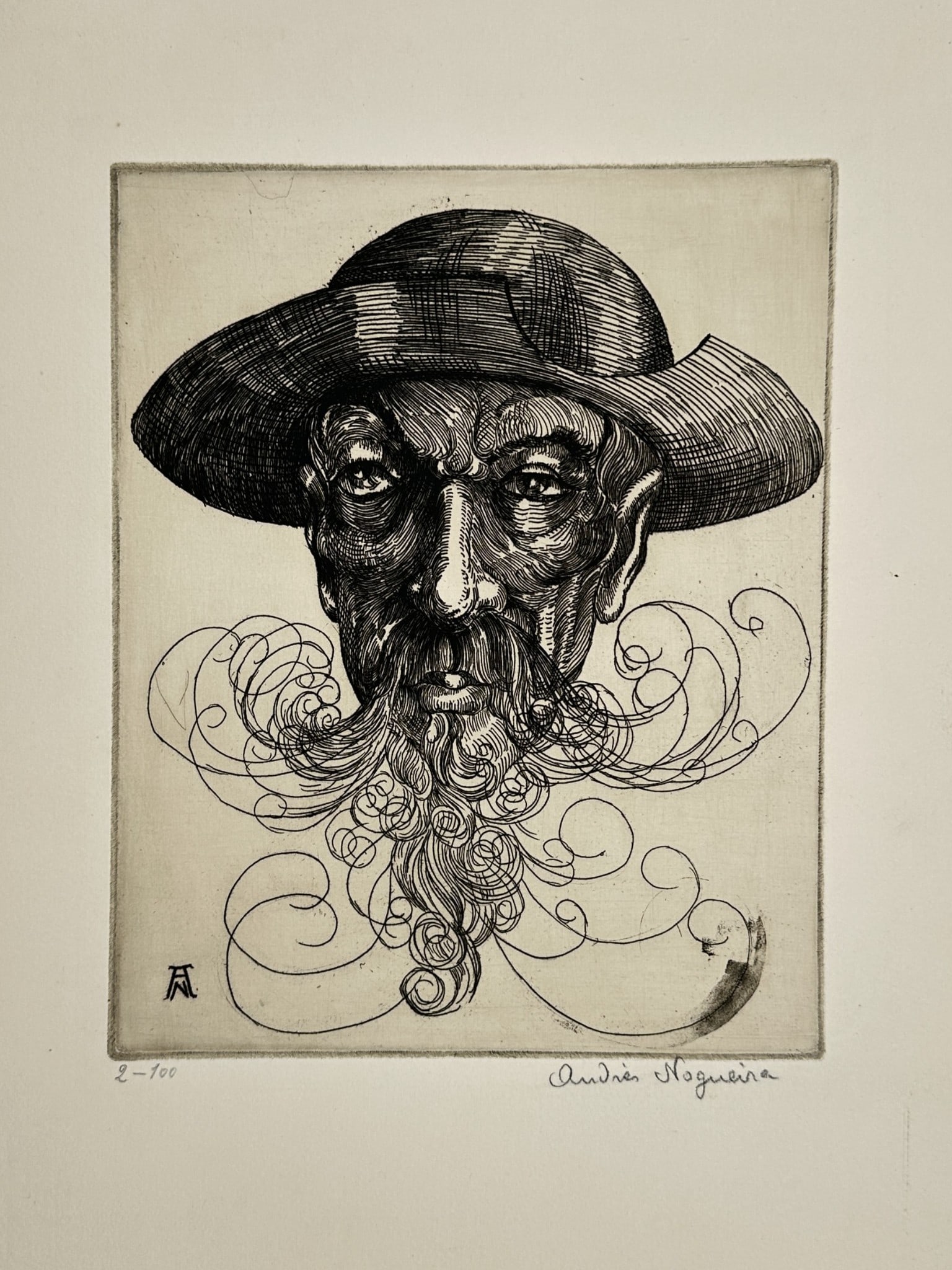Claudio Nogueira (20th Century) – Portrait of a Bearded Man with Hat – Etching: This etching is a highly stylized close-up portrait of a bearded man wearing a wide-brimmed hat. The figure's intense gaze contrasts with the exaggerated, looping lines used to render his beard and ru
