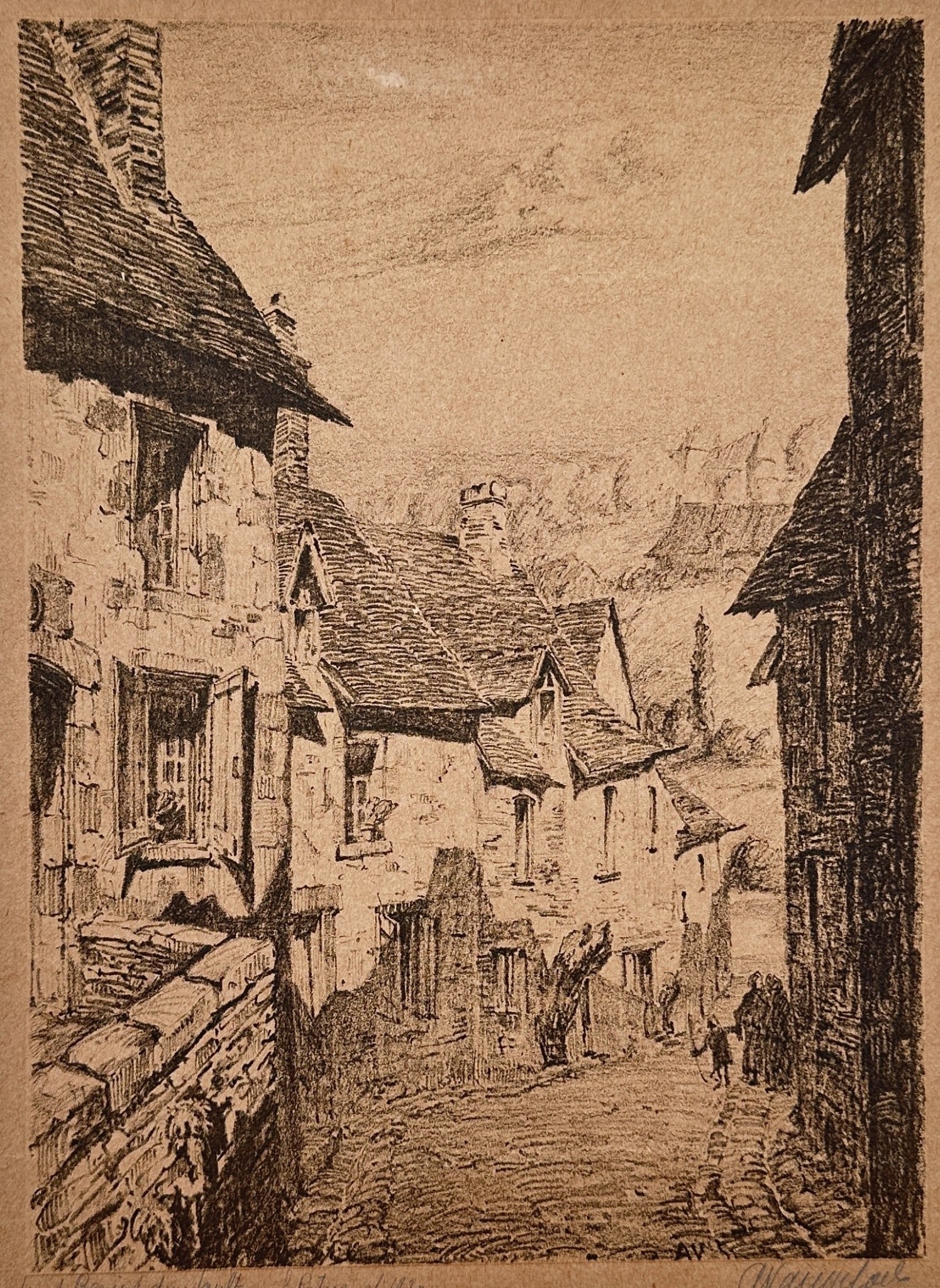 John Taylor Arms (1887–1953) – Architectural Street View – Etching (1930): This etching depicts a highly detailed architectural street view, likely of a picturesque village in France or Italy. The composition is focused on a narrow street flanked by tightly packed stone and