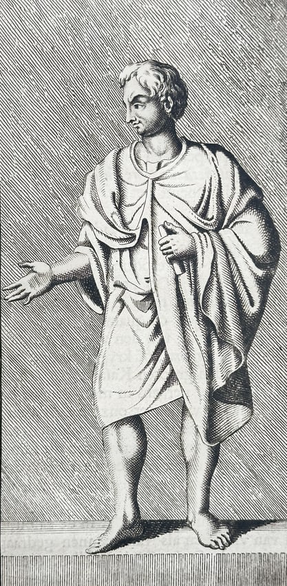 Jan Goeree (1670–1731) – Roman Citizen in Toga – Engraving (circa 1705–1710): This print is a detailed historical illustration depicting a full-length classical figure, a Roman citizen, standing draped in an elaborate toga. The figure is presented on a shallow podium, a statue
