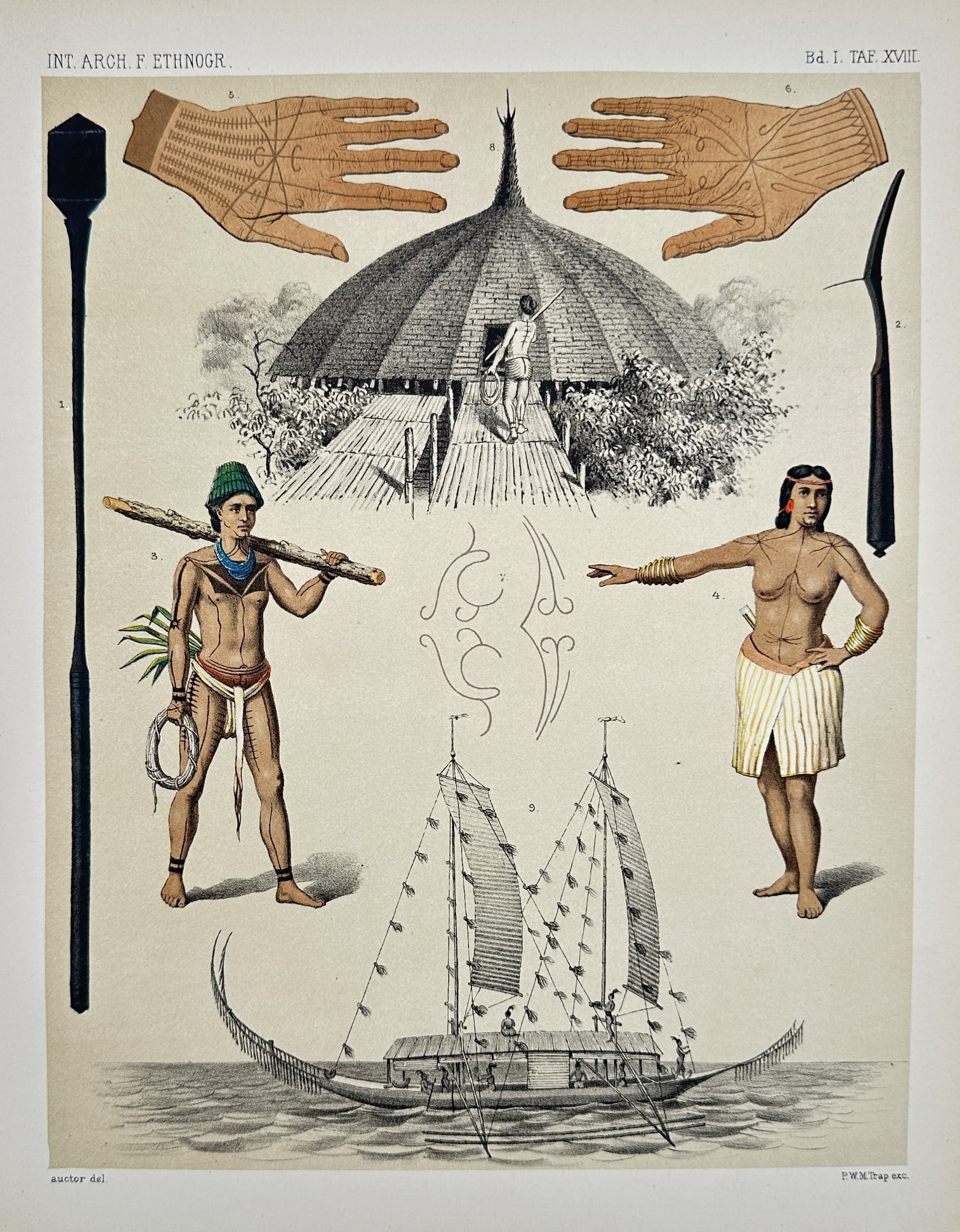 Pieter Willem Marinus Trap (1852–1905) - Dwelling, Canoe, and Figures: This color lithograph is a composite ethnographic illustration depicting various aspects of Pacific island life. The composition features a central dwelling with a thatched roof, a large outrigger sai