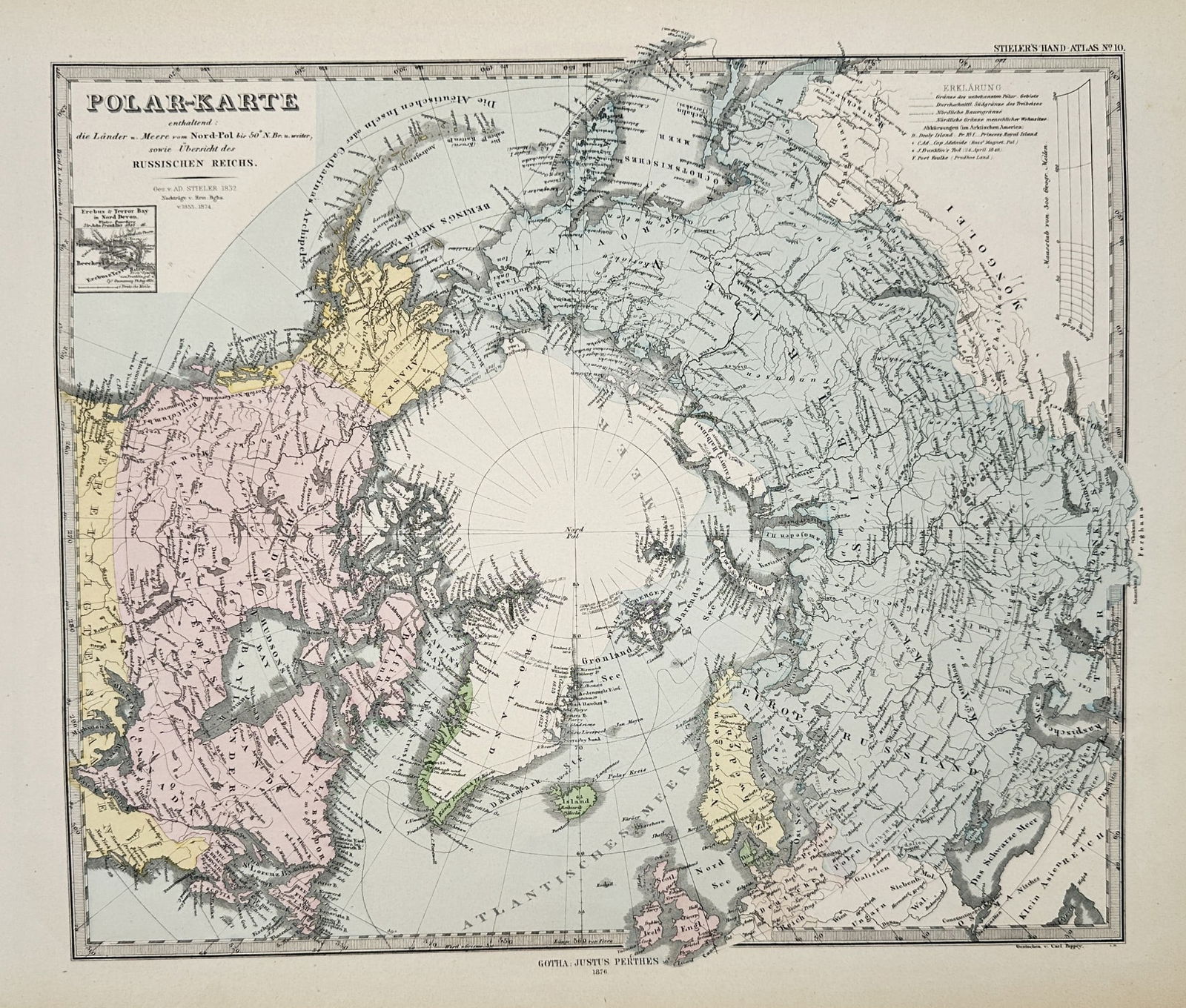 Adolf Stieler (1775–1836) - Map of the Arctic Polar Regions - Hand-colored: This hand-colored engraving is a large folio map detailing the Arctic Polar Regions, centered on the North Pole. The map displays the circumpolar landmasses of North America, Europe, and Asia, featuri