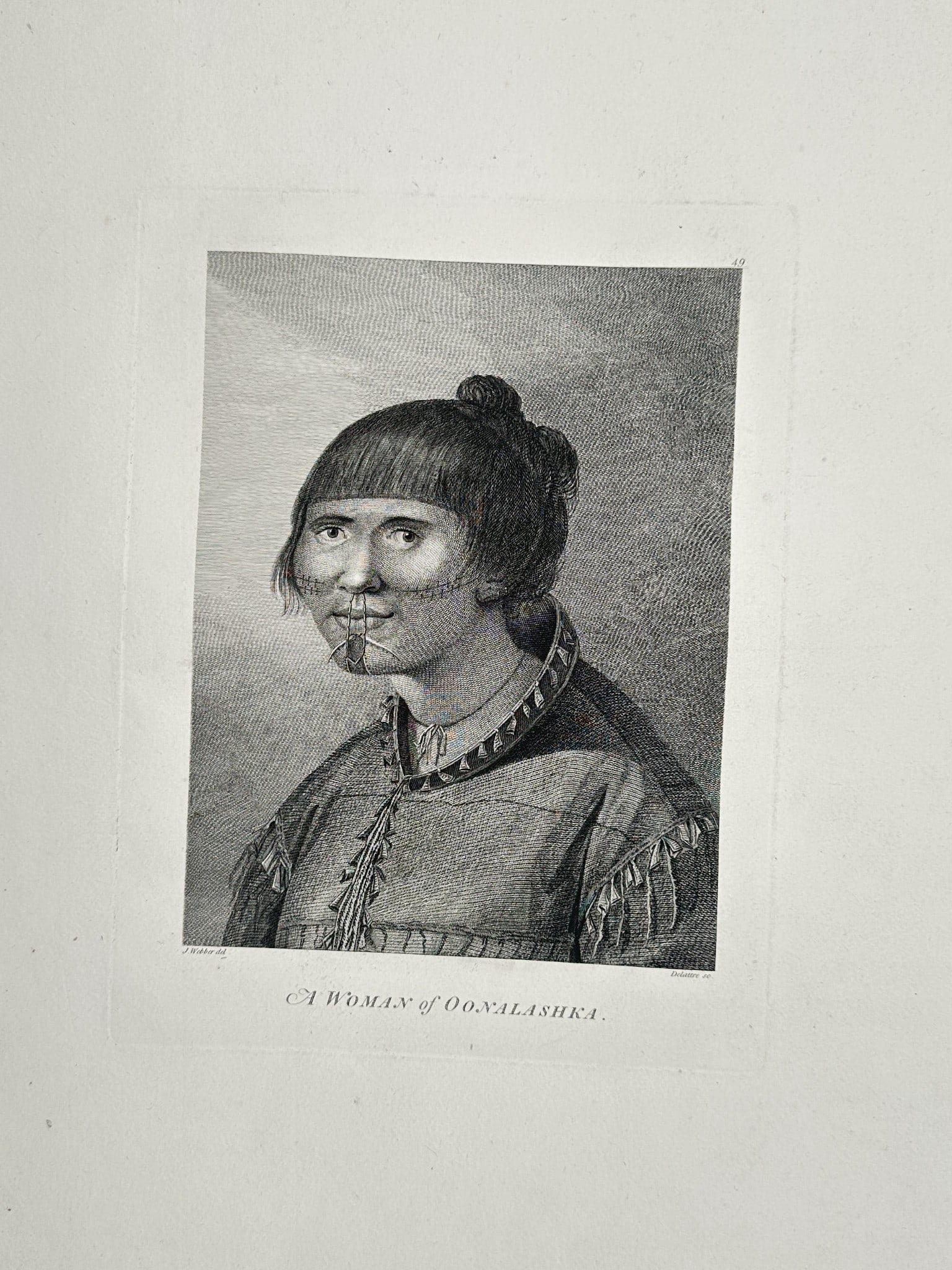 John Webber (1751–1793) - A Woman of Oonalashka (Unalaska) - Copperplate: This copperplate engraving is a portrait illustrating a woman from Oonalashka in the Aleutian Islands. The figure is shown wearing traditional garments and a distinctive neck ornament. The portrait do