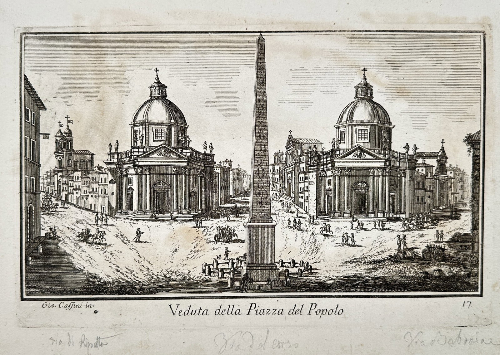 Giovanni Domenico Cassini (1625–1712) - View of the Piazza del Popolo, Rome: This copperplate engraving depicts a detailed view of the Piazza del Popolo in Rome. The composition highlights the monumental square, featuring the central obelisk and the two symmetrical domed churc
