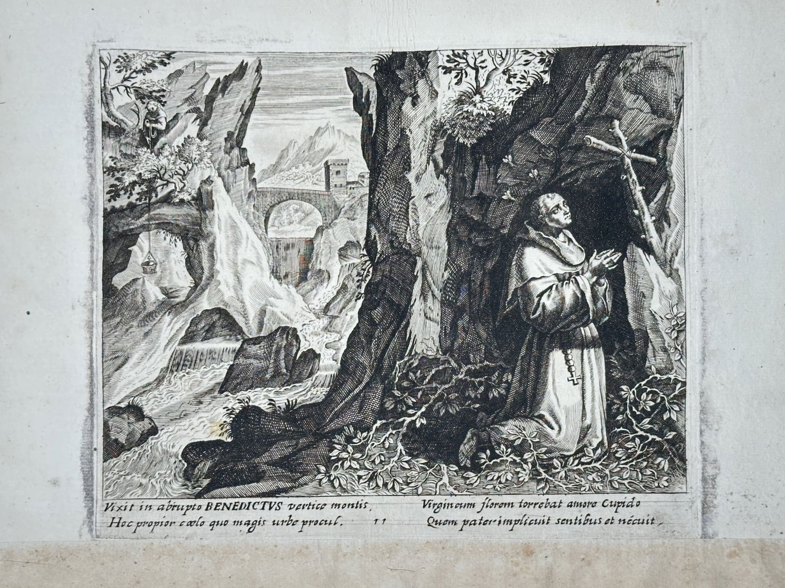 Maerten de Vos (1532–1603) – Saint Benedict in the Wilderness – Copper engraving: This copperplate engraving depicts a detailed view of the Piazza del Popolo in Rome. The composition highlights the monumental square, featuring the central obelisk and the two symmetrical domed churc