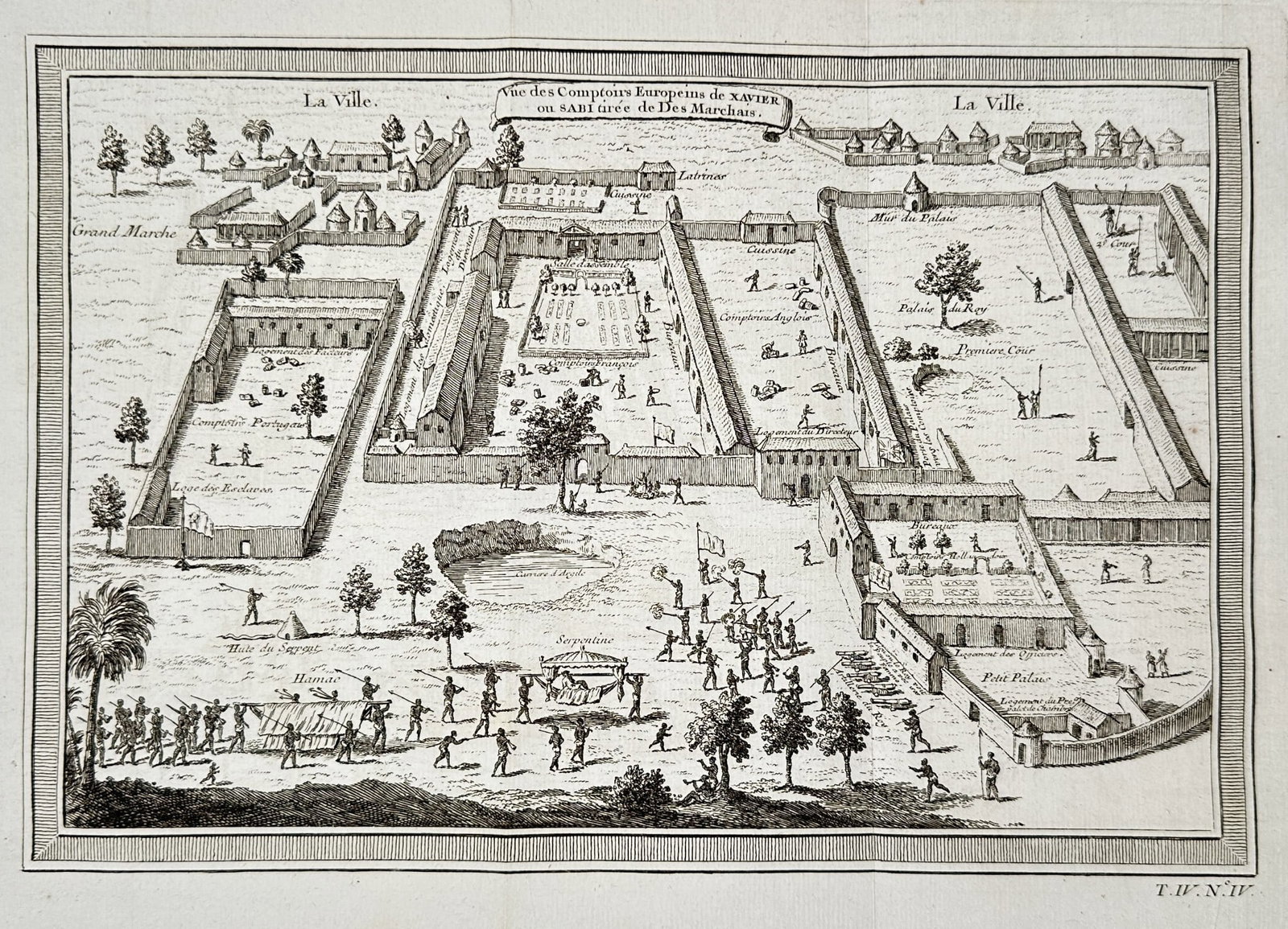 Abbé Prévost (1697–1763) – Topographical View of the Town of Savou (Dutch): This copper engraving is a topographical view and plan of the town of Savou, illustrating its appearance during the period of Dutch influence. The engraving details the layout of the town, which consi