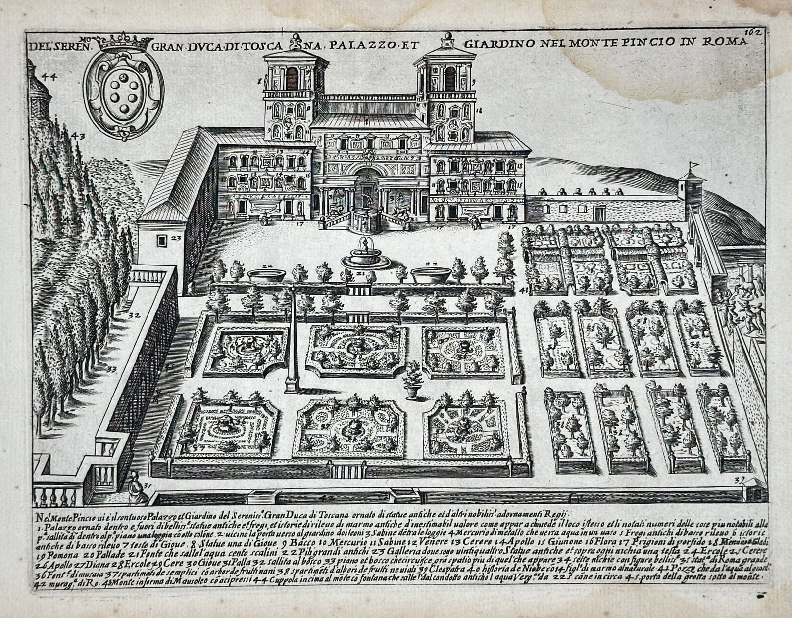 Giacomo Lauro (1550–1630) – Palazzo and Garden of the Grand Duke of Tuscany: This copper engraving provides an aerial topographical view of the Palazzo and Garden of the Grand Duke of Tuscany, located on the Pincian Hill in Rome. The illustration details the Renaissance palace
