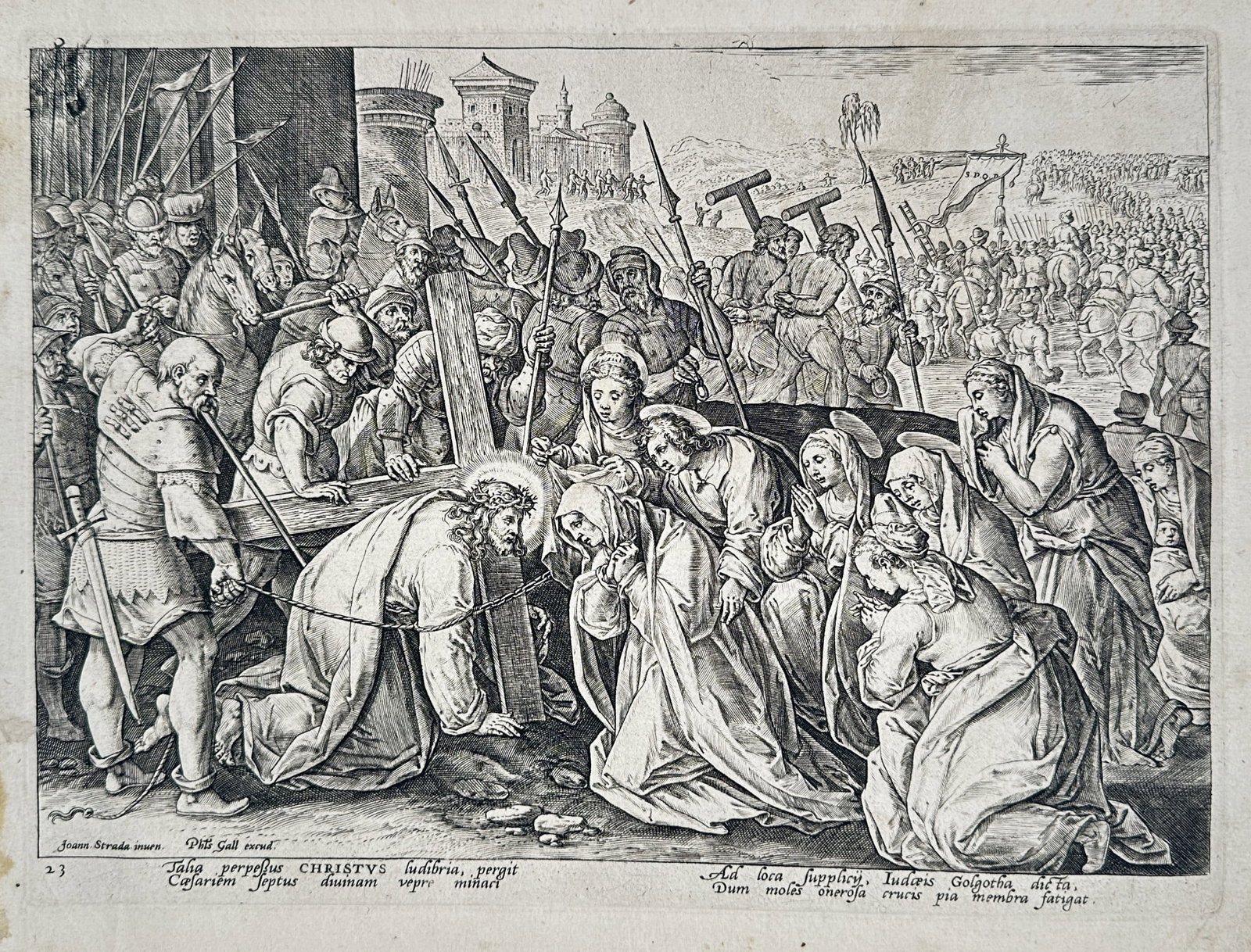Adriaen Collaert (1560–1618) - Christ Carrying the Cross - Copperplate Engraving: This copperplate engraving depicts a dramatic Biblical narrative showing Christ falling while carrying the cross, surrounded by a densely packed crowd of soldiers and onlookers. The scene is executed 