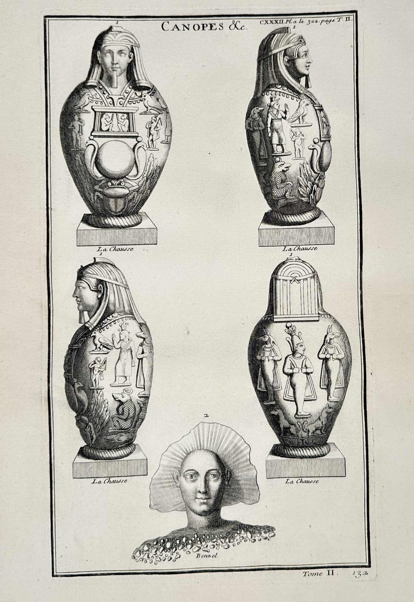 Bernard de Montfaucon (1655–1741) - Studies of Ancient Egyptian Canopic Jars: This copperplate engraving is an archaeological plate displaying four detailed views of Ancient Egyptian Canopic Jars, vessels used in funerary rites to hold internal organs. The vessels are adorned w