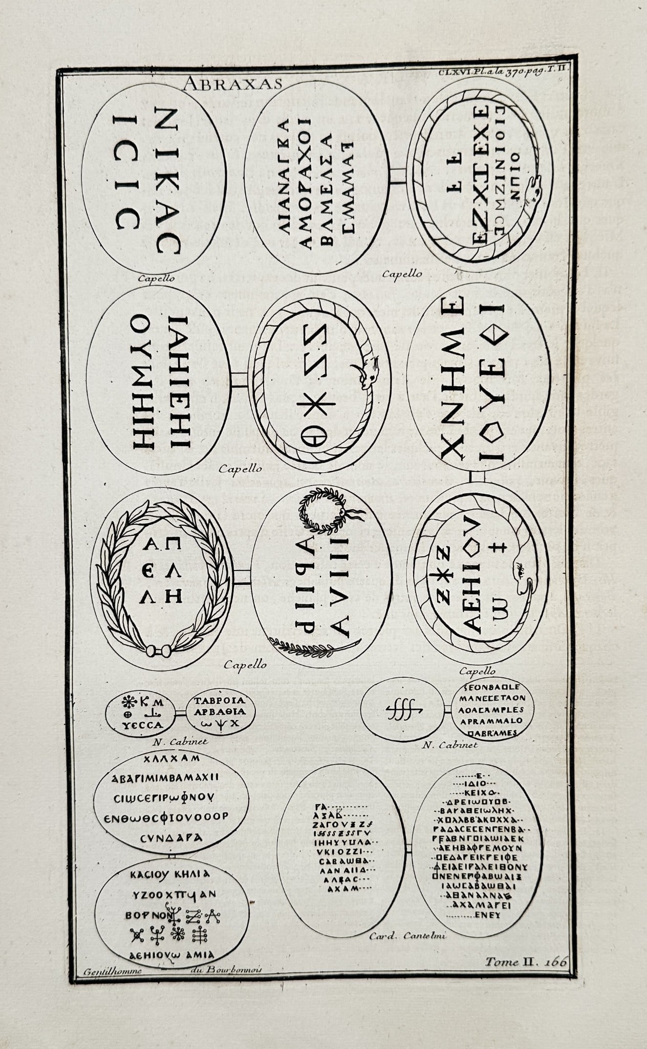 Bernard de Montfaucon (1655–1741) - Studies of Inscribed Gnostic Amulets and Gem: This copperplate engraving is an archaeological plate displaying multiple detailed studies of engraved gems and amulets. The specimens feature various Greek and Latin inscriptions, including the name