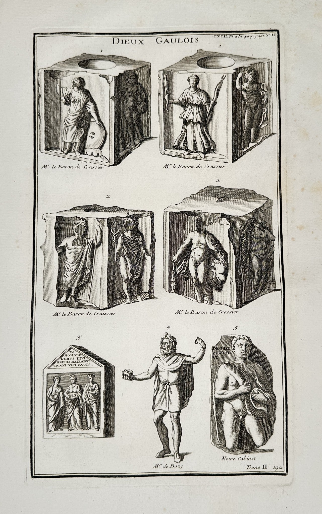 Bernard de Montfaucon (1655–1741) – Gaulish Gods – Copper engraving (1719): This copper engraving from L'Antiquité expliquée et représentée en figures illustrates a collection of ancient Gaulish religious artifacts and altars. The composition features detailed depictions 