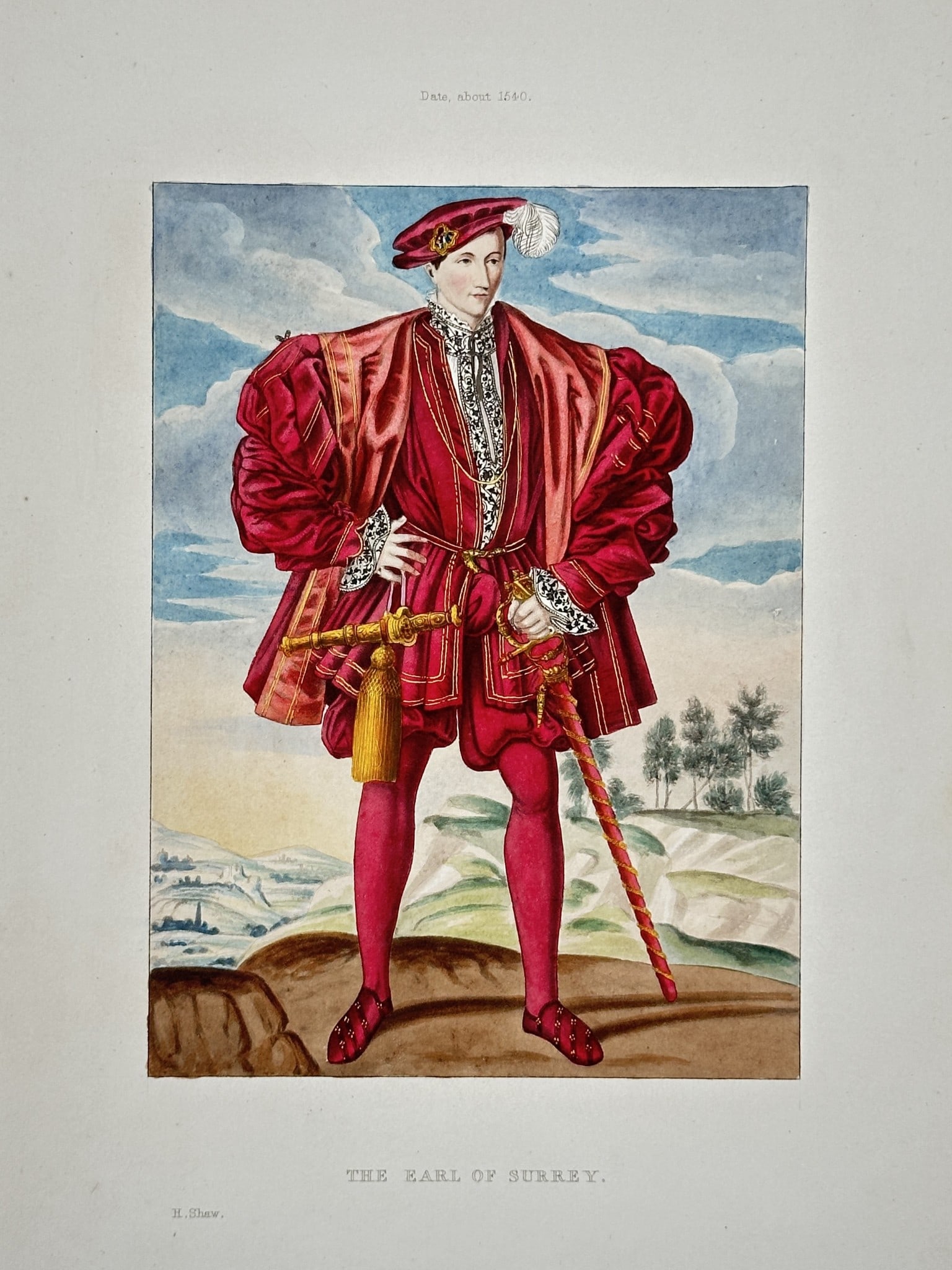 Henry Shaw (1800–1873) – The Earl of Surrey – Hand-colored engraving (1843): This hand-colored engraving depicts Henry Howard, Earl of Surrey, a prominent figure of the Tudor court, dressed in the fashion of circa 1540. The nobleman is illustrated standing in a landscape, wear