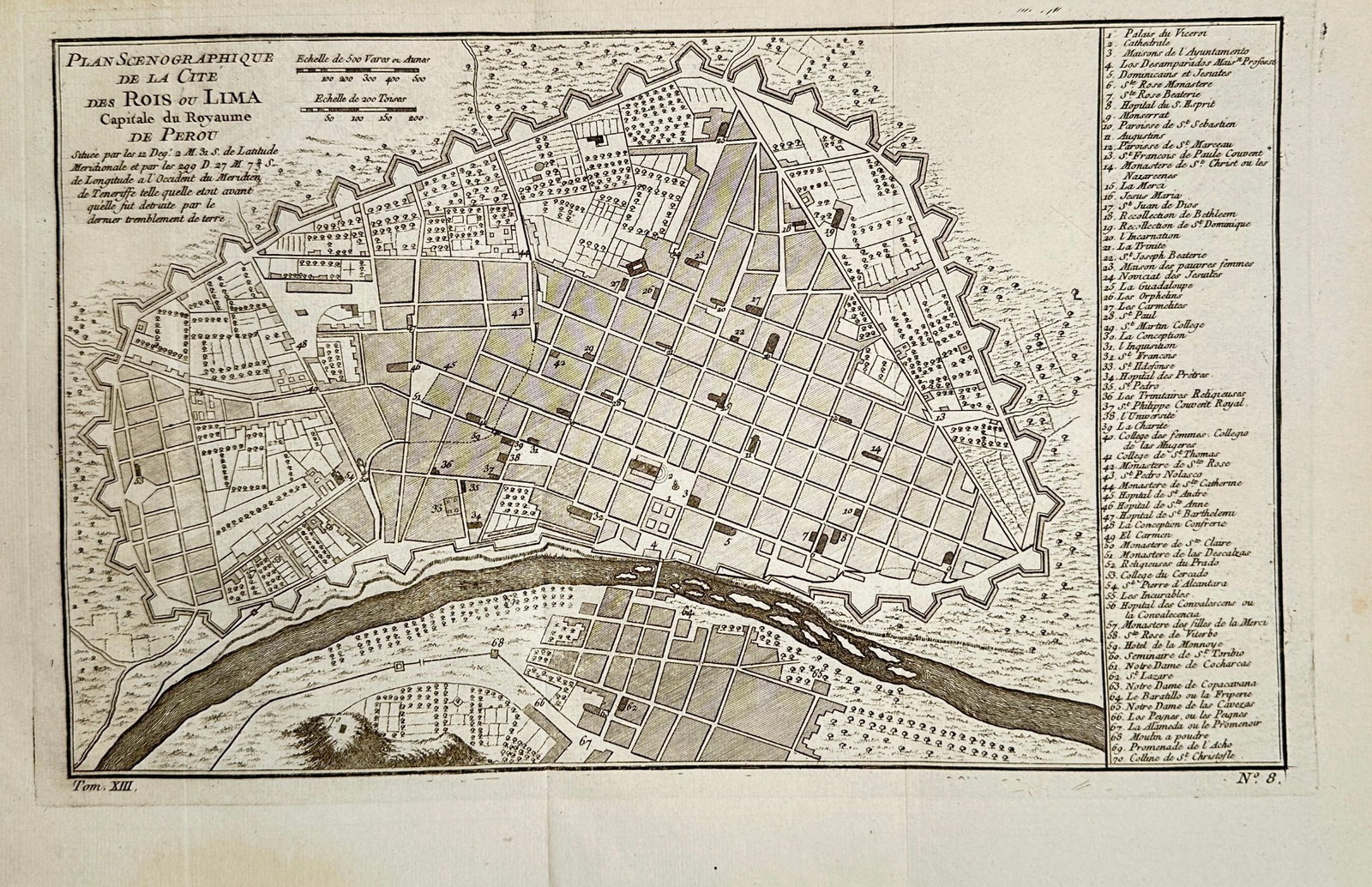 Antoine-François Prévost d'Exiles (1697–1763) – Map of Lima, Peru: Geometrical: This copperplate engraving presents a detailed topographical plan of the colonial city of Lima, Peru, known historically as the City of the Kings. The map clearly illustrates the city's characteristic