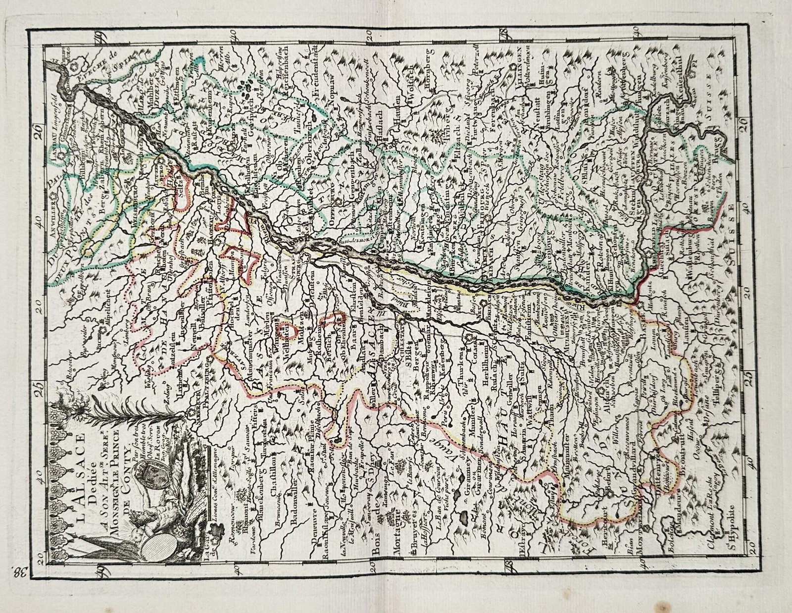 Georges-Louis Le Rouge (c. 1712–1790) – Map of Alsace, France, Showing Upper: This copperplate engraving is a detailed political and geographical map of the historic region of Alsace, France, situated along the upper Rhine River, illustrating its division into Upper Alsace, Low