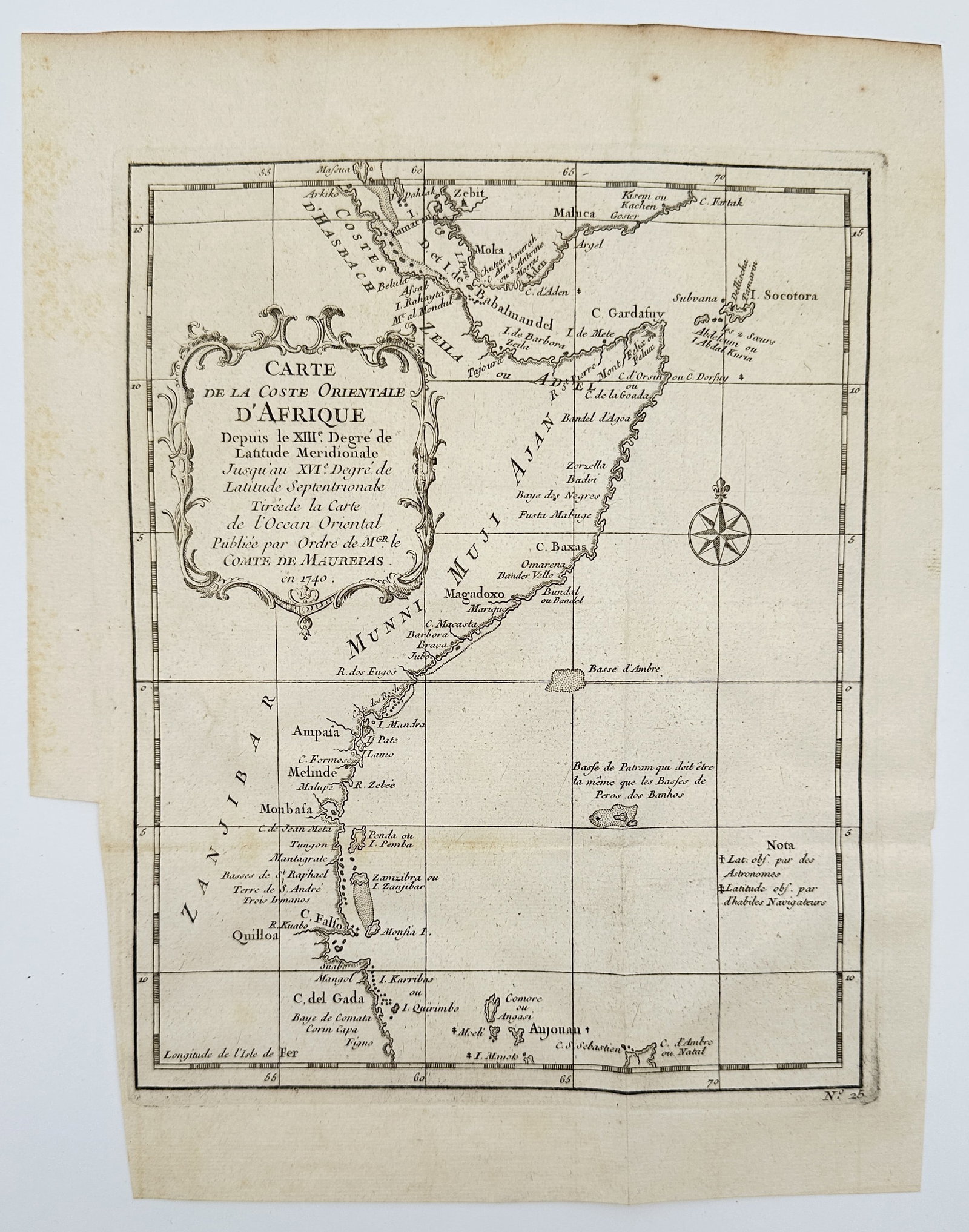 Jacques-Nicolas Bellin (1703–1772) – Map of the East Coast of Africa (Carte de la Coste): This maritime chart focuses on the eastern coastline of Africa, covering the region from the 13th degree of Southern latitude to the 14th degree of Northern latitude. The geography spans from the coas