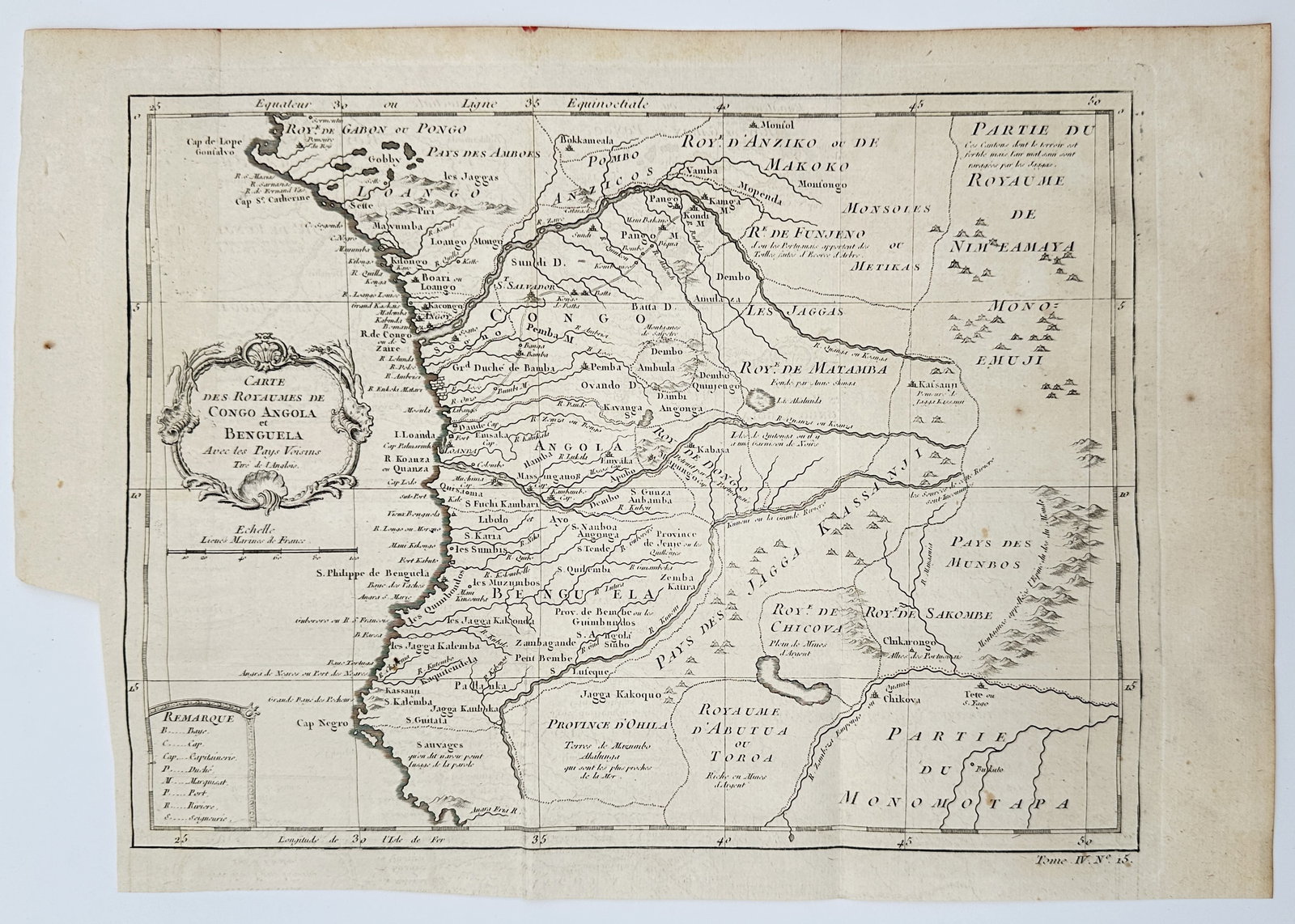 Jacques-Nicolas Bellin (1703–1772) – Map of the Kingdoms of Congo, Angola: This geographical map depicts the western coast of Africa, spanning the historical kingdoms of Congo, Angola, and Benguela. The illustration details the Atlantic coastline from the Equator down to Cap