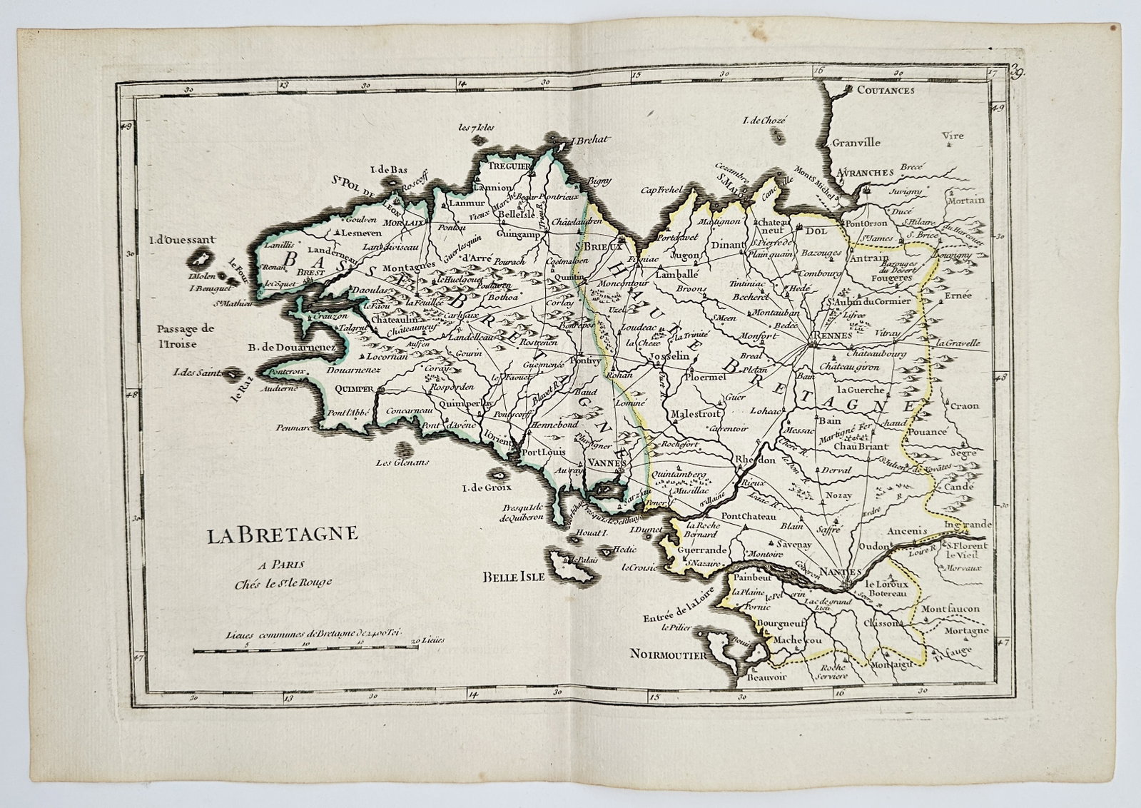 Georges-Louis Le Rouge (1712–1790) – Map of Brittany (La Bretagne) – Copperplate: This detailed map depicts the French province of Brittany (La Bretagne), illustrating its administrative divisions, coastline, and major cities such as Rennes, Nantes, and Brest. The map offers a comp
