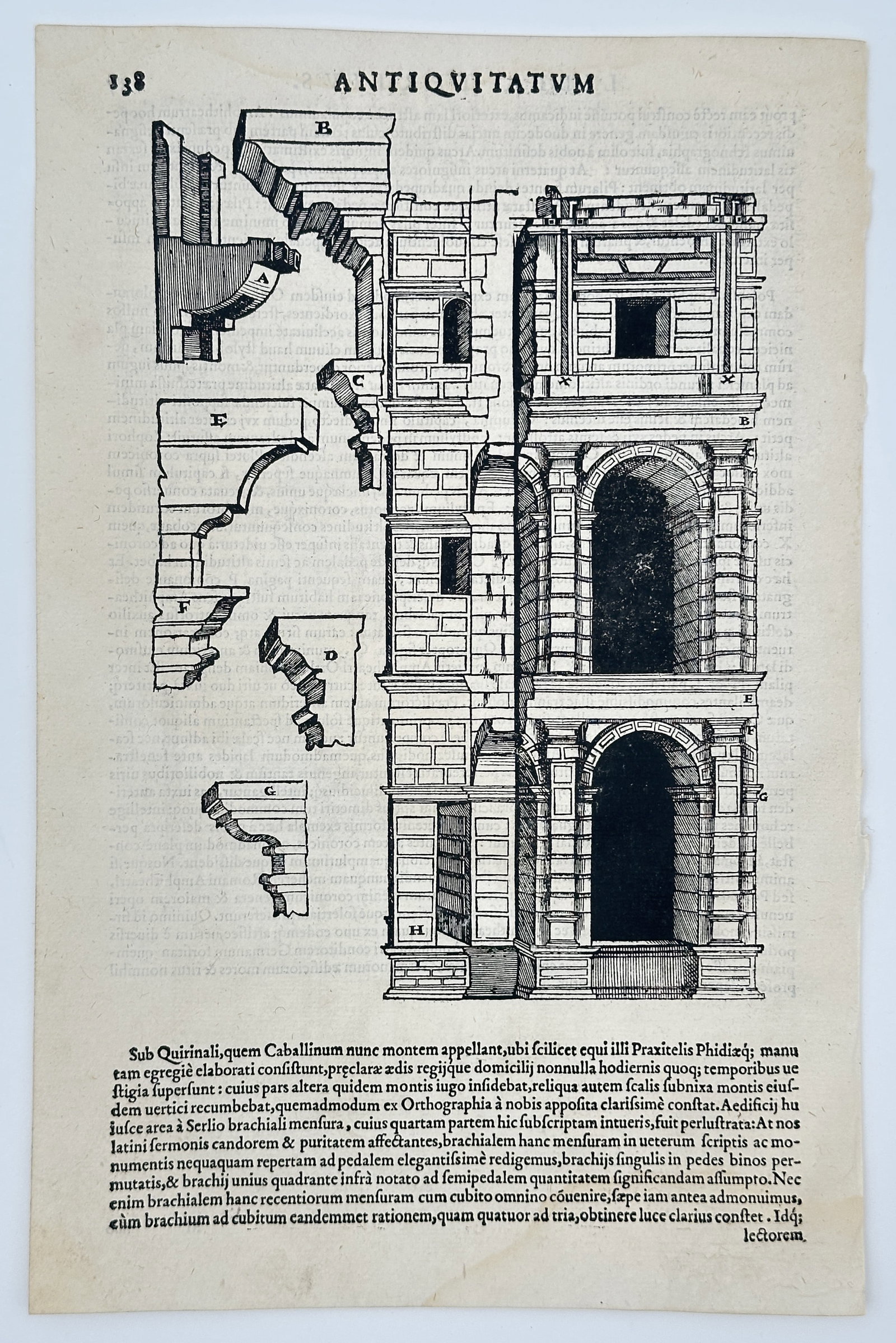 Sebastiano Serlio (1475–1554) – Architectural Study of Arches and Entablatures: This architectural plate, labeled "Antiqvitatvm" at the top, presents a comparative study of classical Roman structures and their decorative moldings. The right side of the composition features a deta