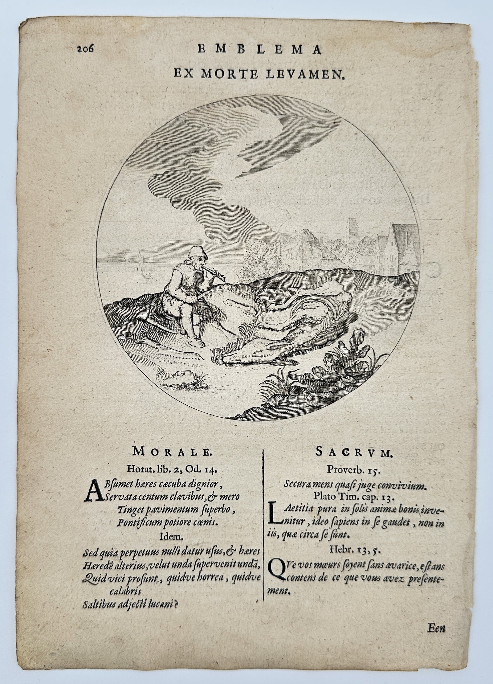 Jacob Cats (1577–1660) – Ex Morte Levamen (Relief from Death) – Copperplate: This circular emblem illustrates a moral lesson through the image of a shepherd resting in a rural landscape. The engraving depicts a man in rustic attire seated on a grassy mound, playing a flute whi