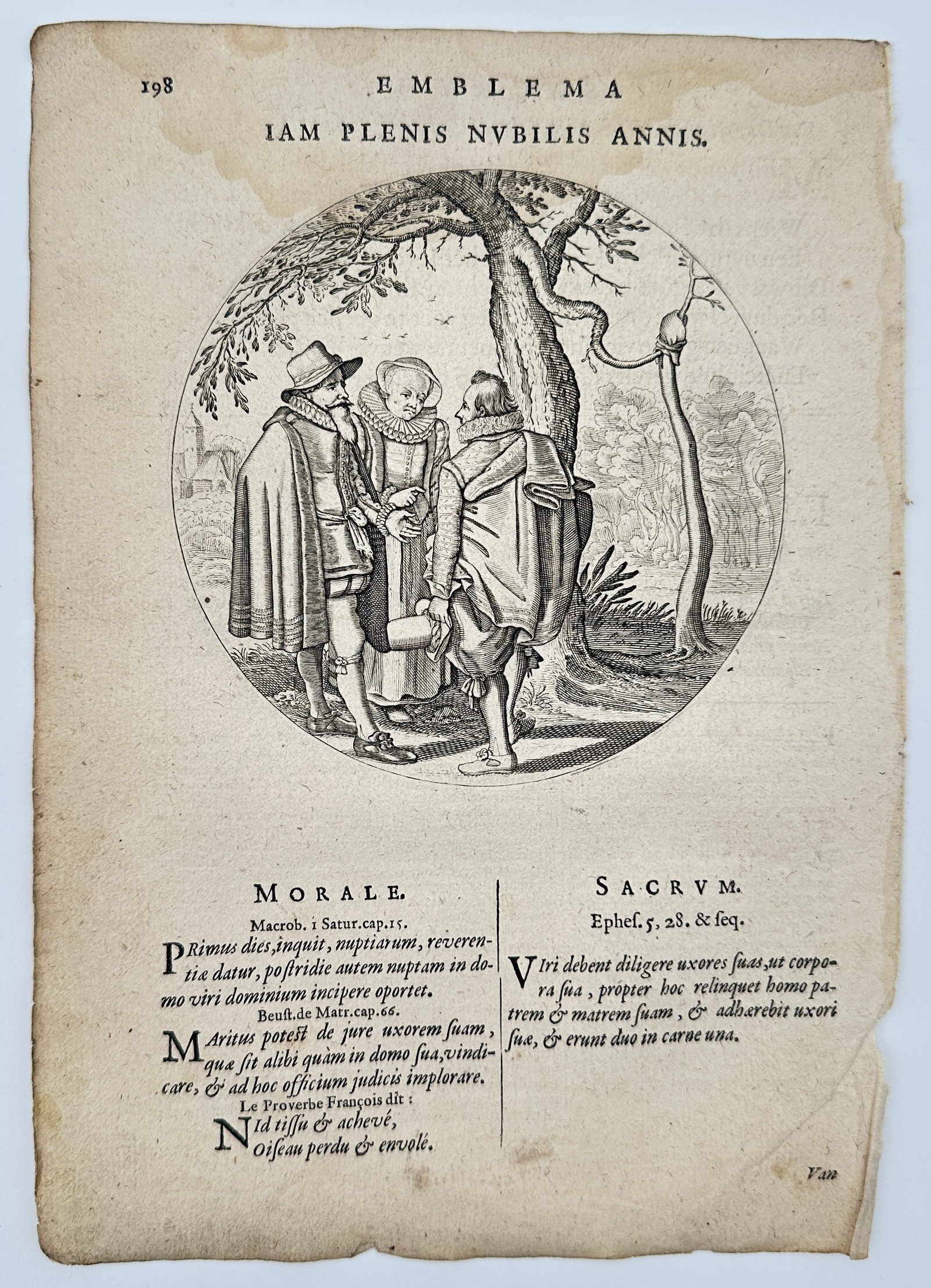 Jacob Cats (1577–1660) – Iam Plenis Nubilis Annis (Now of Marriageable Age): This circular emblem illustrates a scene of courtship and counsel set in a wooded landscape. The engraving depicts three figures: a young man in fashionable 17th-century attire standing with his hat i