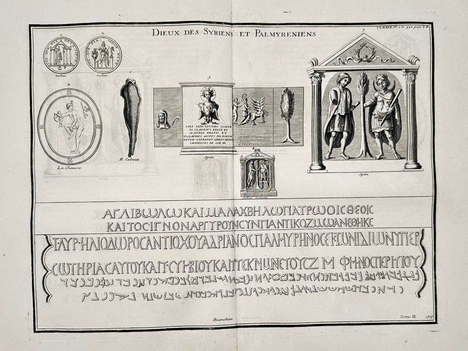 Bernard de Montfaucon (1655–1741) – Syrian and Palmyrene Deities (Dieux des Syriens): This scholarly engraving provides a comparative study of ancient religious artifacts from Syria and Palmyra. The upper section of the plate features various archaeological specimens, including coins d