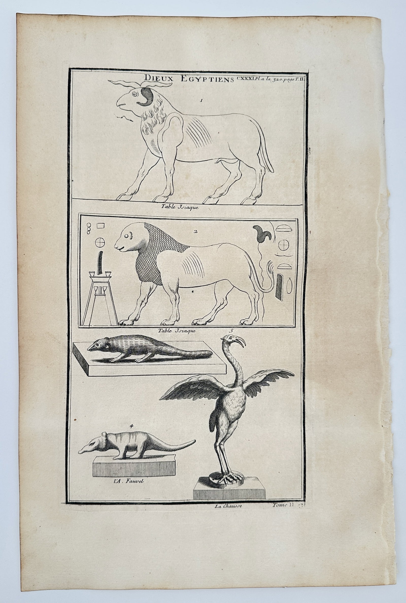 Bernard de Montfaucon (1655–1741) – Study of Egyptian Deities and Sacred Animals: This scholarly engraving presents a comparative study of various ancient Egyptian deities and sacred animals, organized into distinct horizontal registers. These illustrations were compiled from promi
